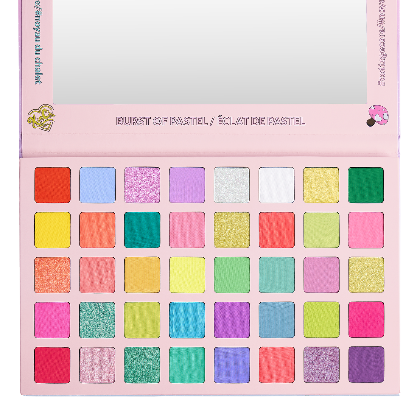 Open makeup palette with various pastel colors.