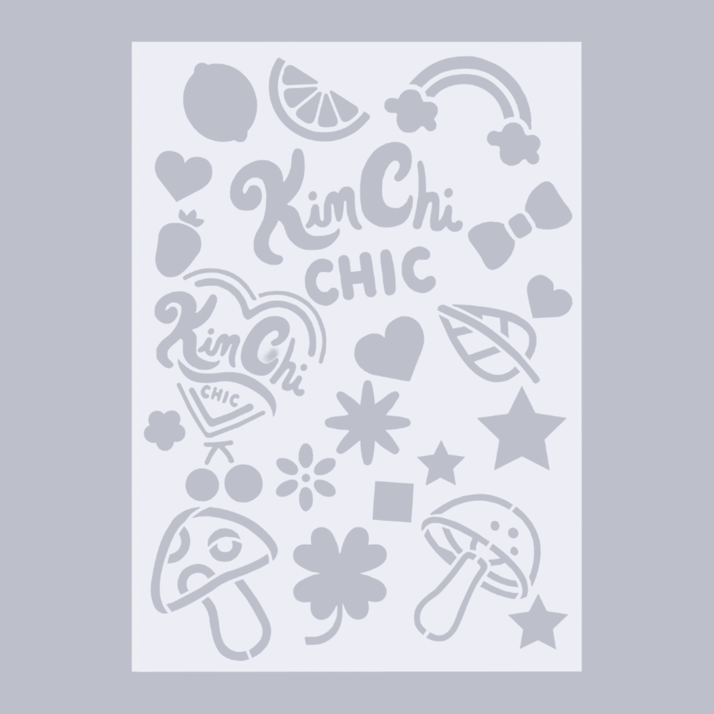 Pattern of various black shapes including stars, hearts, circles, and squares on a light background.