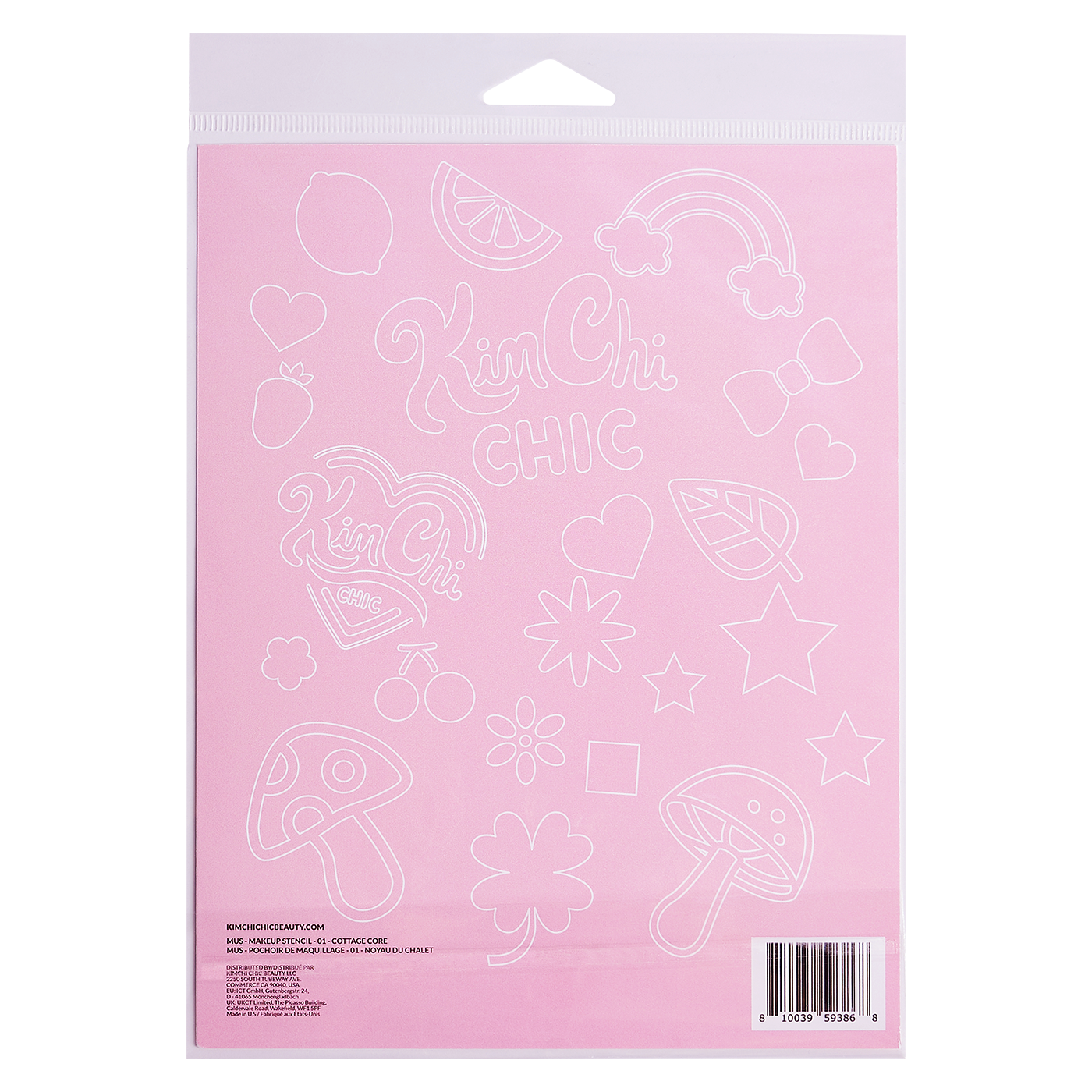 Pink packaging with white outlines of various shapes and 'Kim Chi Chic' text.