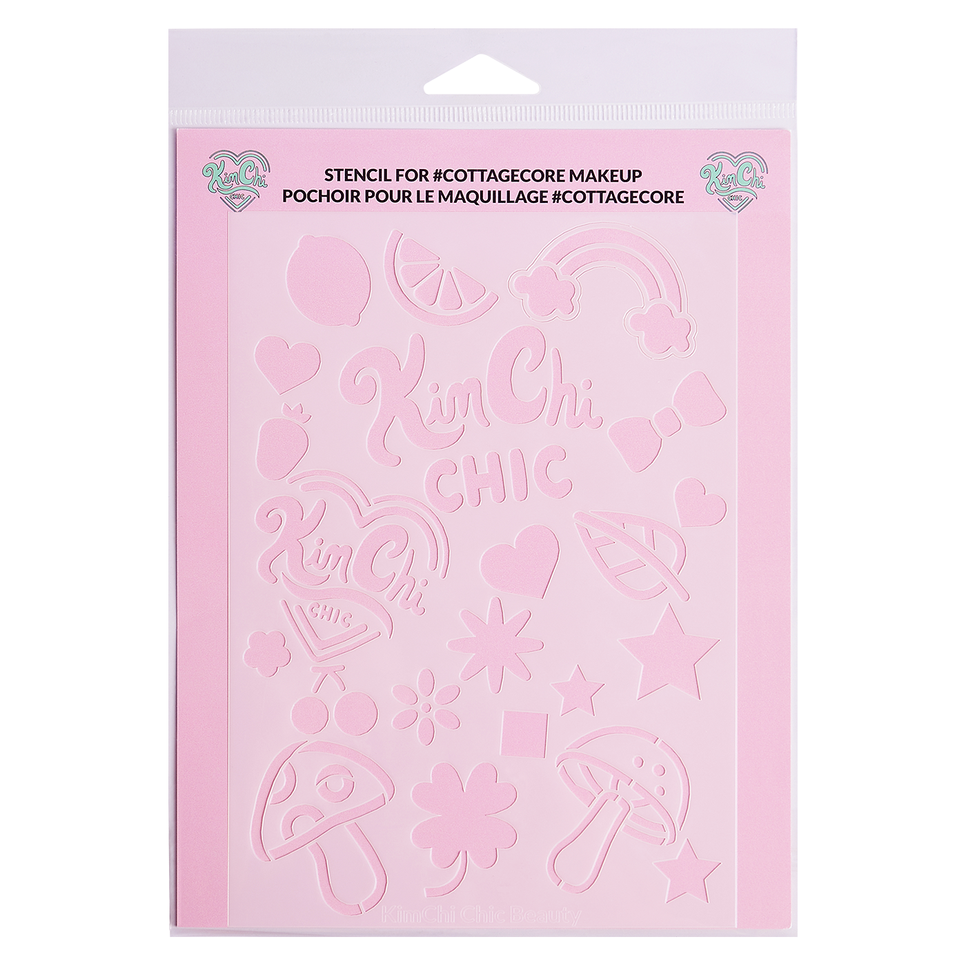 Pink stencil sheet with various shapes and 'Kim Chi Chic' text