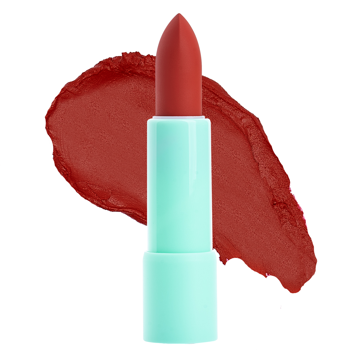 Red lipstick with turquoise casing and swatch in the background