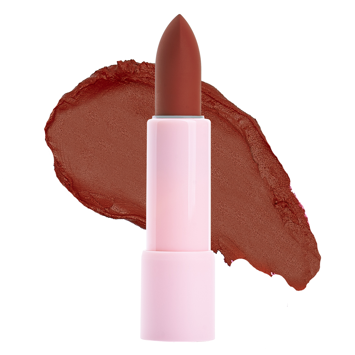 Brown lipstick with a pink tube and a swatch of color