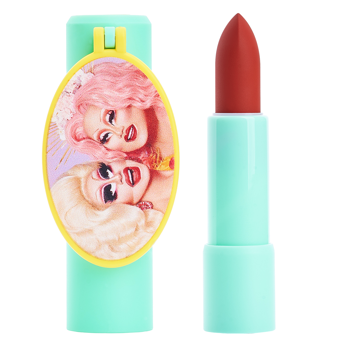 Red lipstick in teal case with illustration of two smiling figures on the cap.