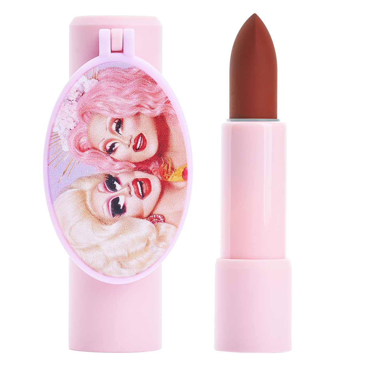 Pink lipstick tube with illustrated characters on the case