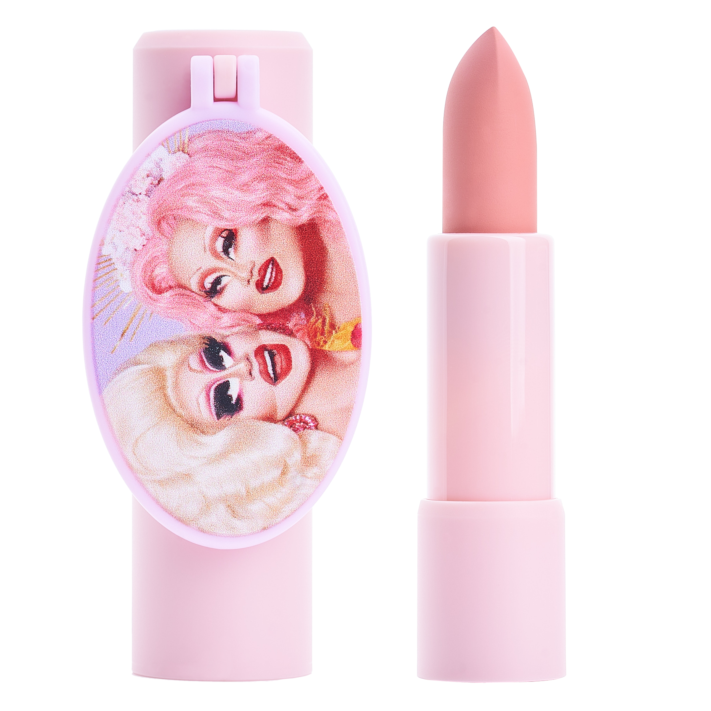 Pink lipstick tube with illustrated label of two people
