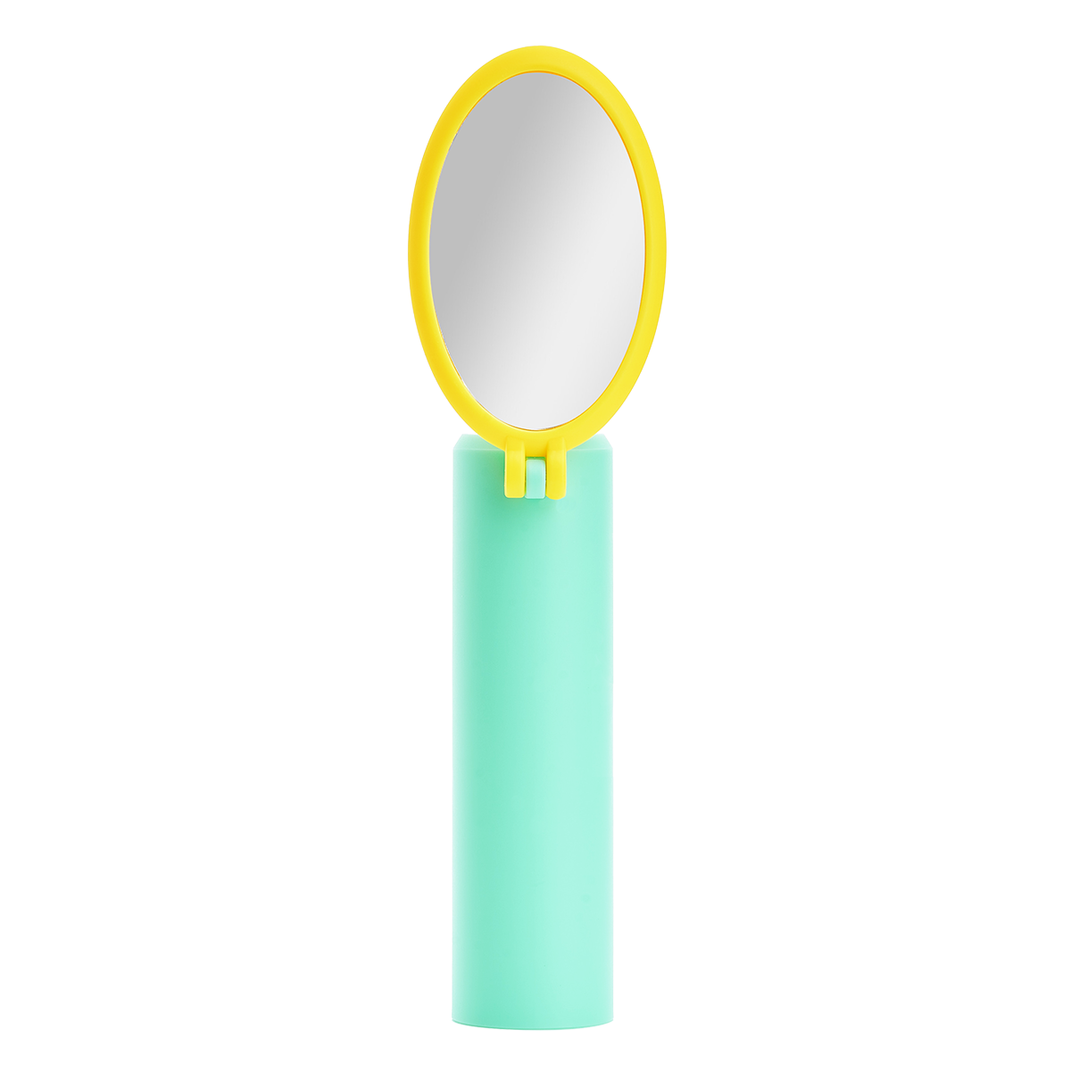 Colorful handheld mirror with yellow frame and teal handle