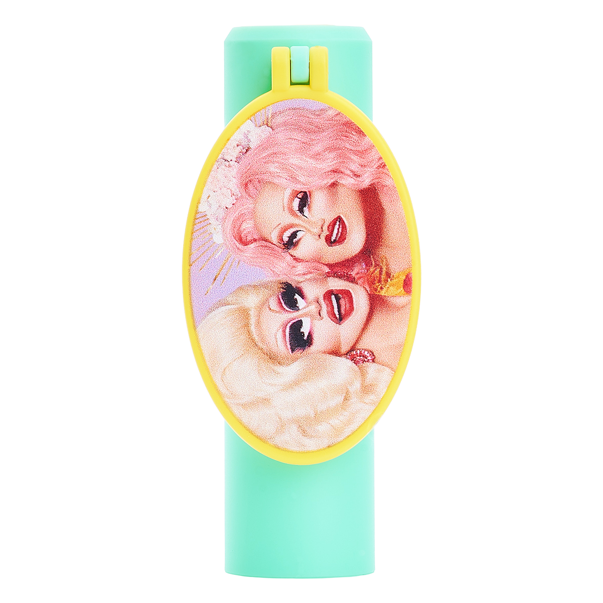 Mint-green lipstick tube with an illustration of two smiling characters on the label