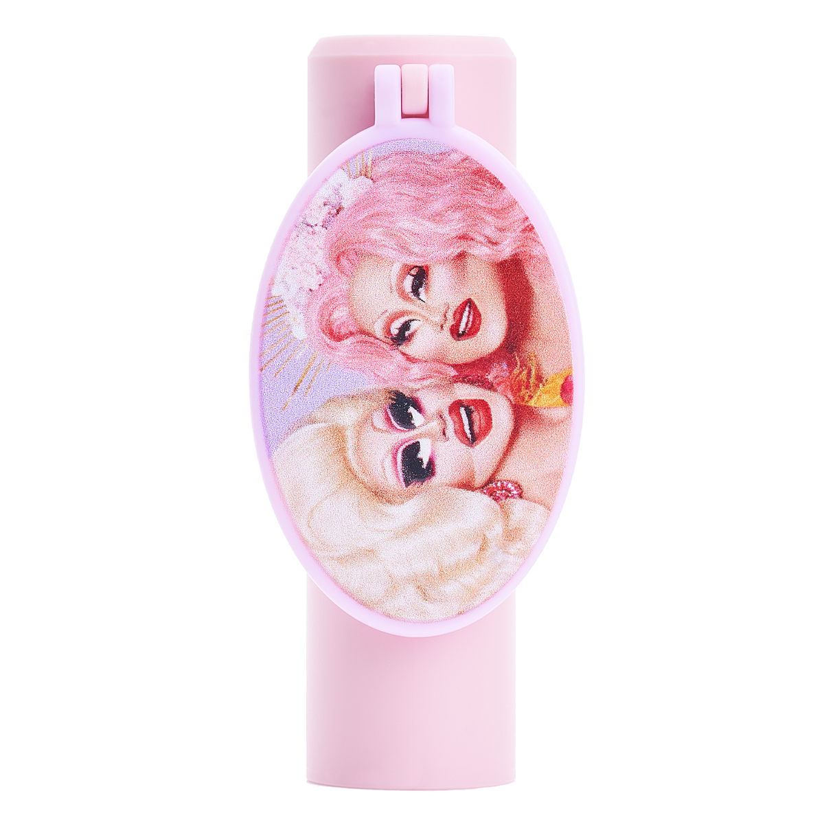 Pink cosmetic container with oval label featuring two illustrated figures.