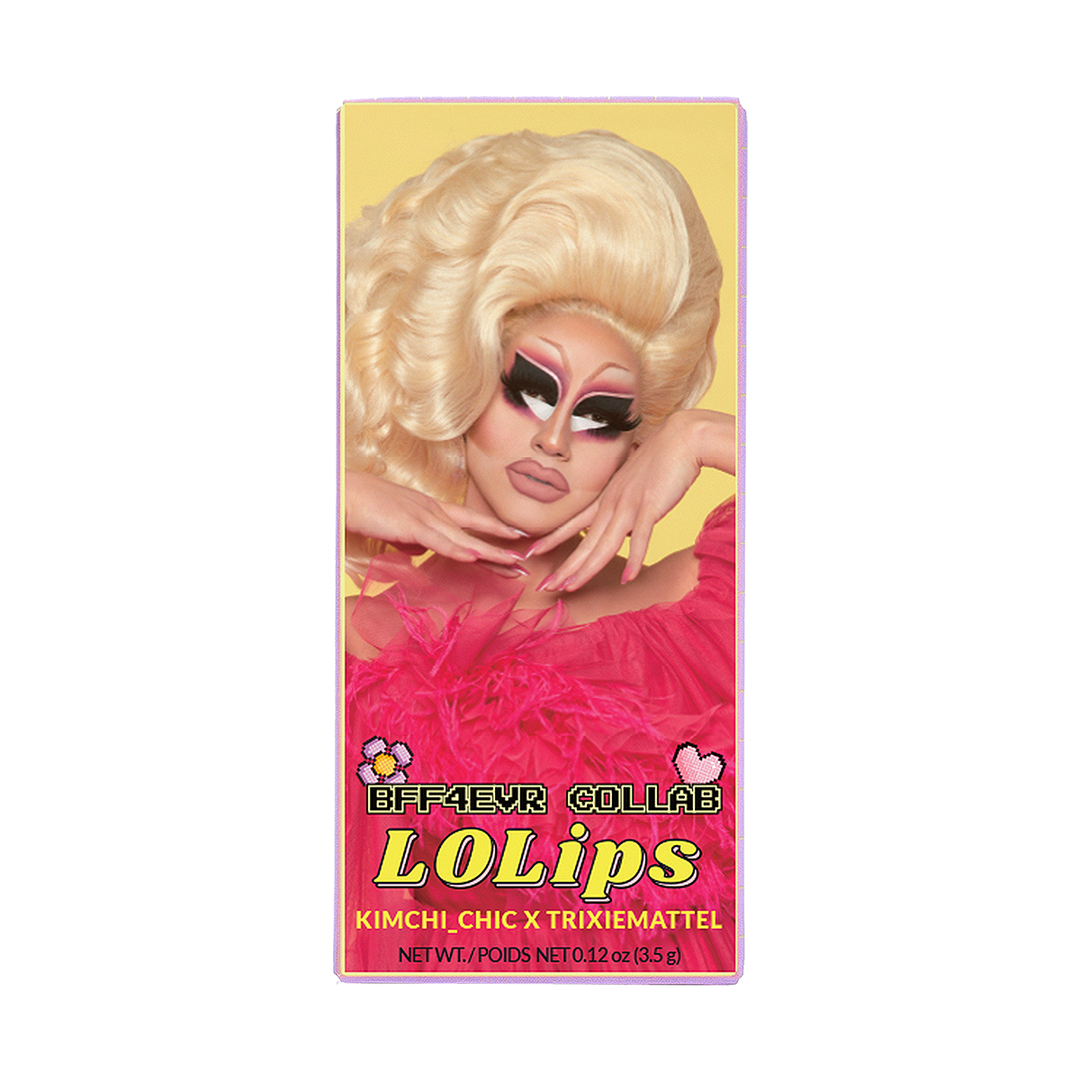 Makeup packaging with a person wearing glamorous drag makeup and a feathered outfit.