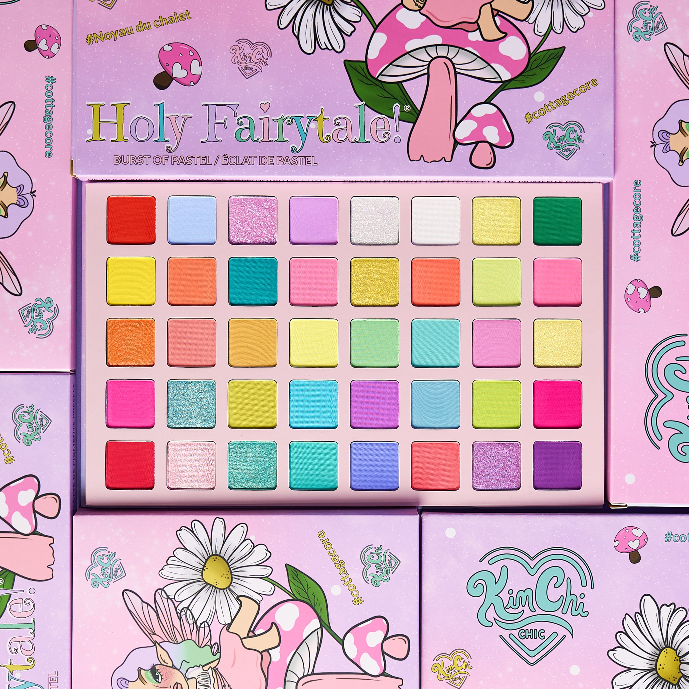 Colorful eyeshadow palette with pastel shades, surrounded by whimsical floral packaging.