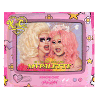 Two drag queens posing together in a colorful makeup palette promotional image.