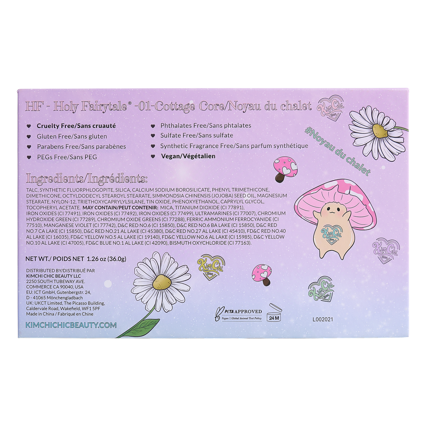 Front packaging of Kim Chi Chic Beauty product with whimsical fairy and mushroom illustrations and ingredient list.