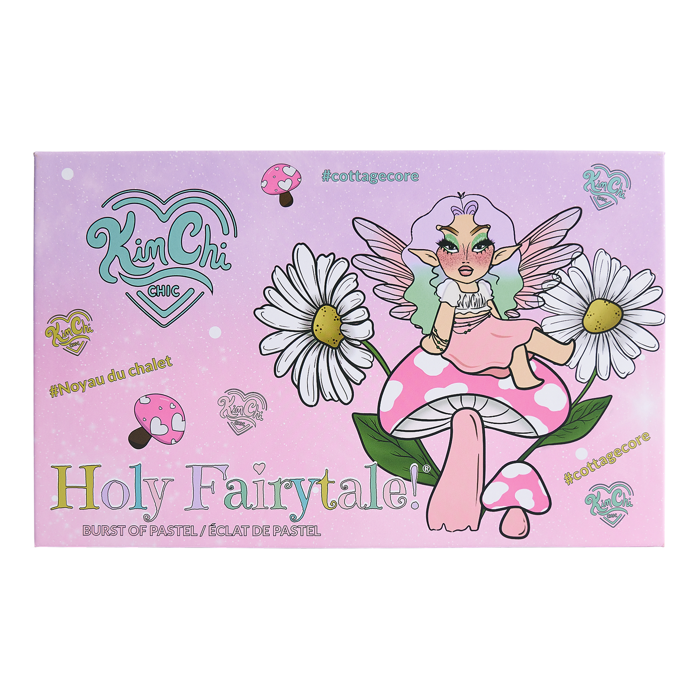 Fantasy-themed makeup palette design with fairy sitting on a mushroom and daisies, branding includes 'Kim Chi' and text 'Holy Fairytale!'