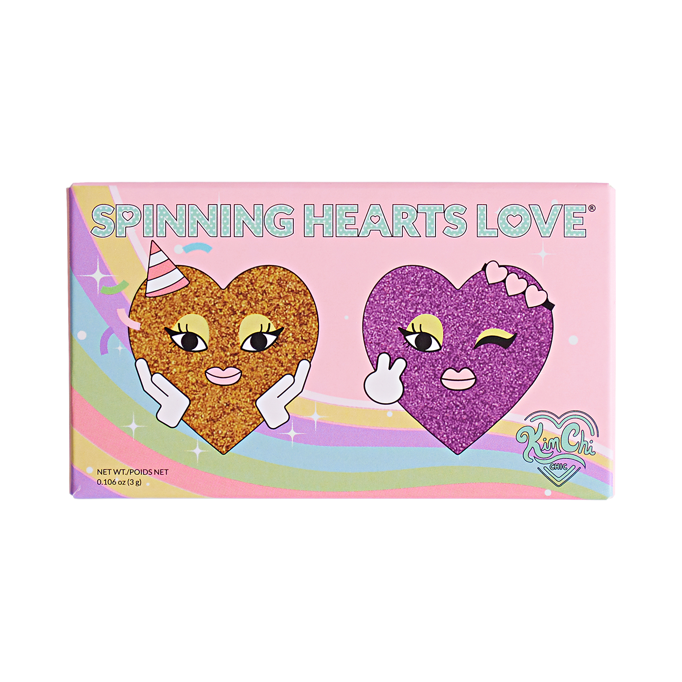 Colorful packaging with two glittery heart characters and the text 'Spinning Hearts Love'.