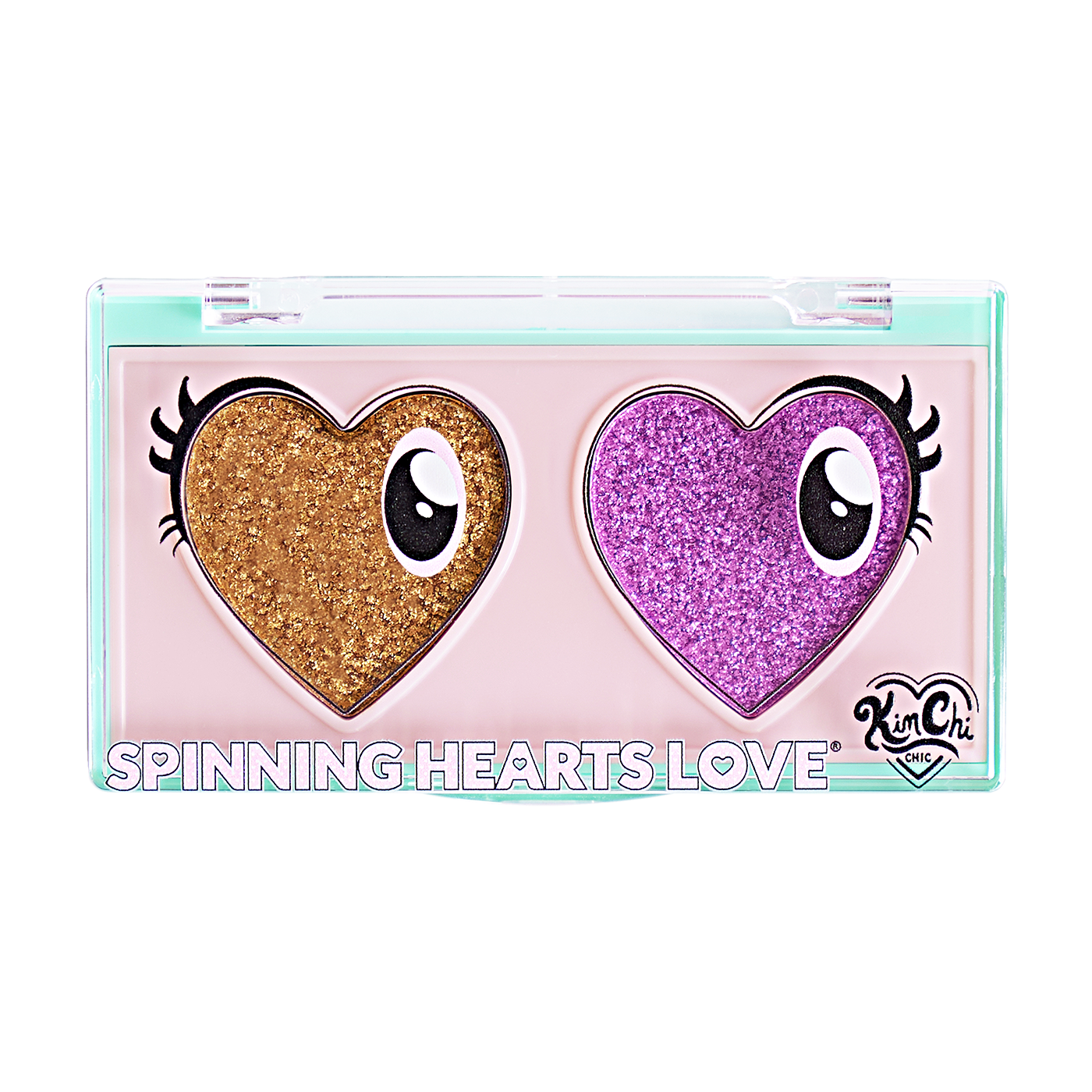 Makeup palette with glittery gold and purple heart shapes labeled 'Spinning Hearts Love'