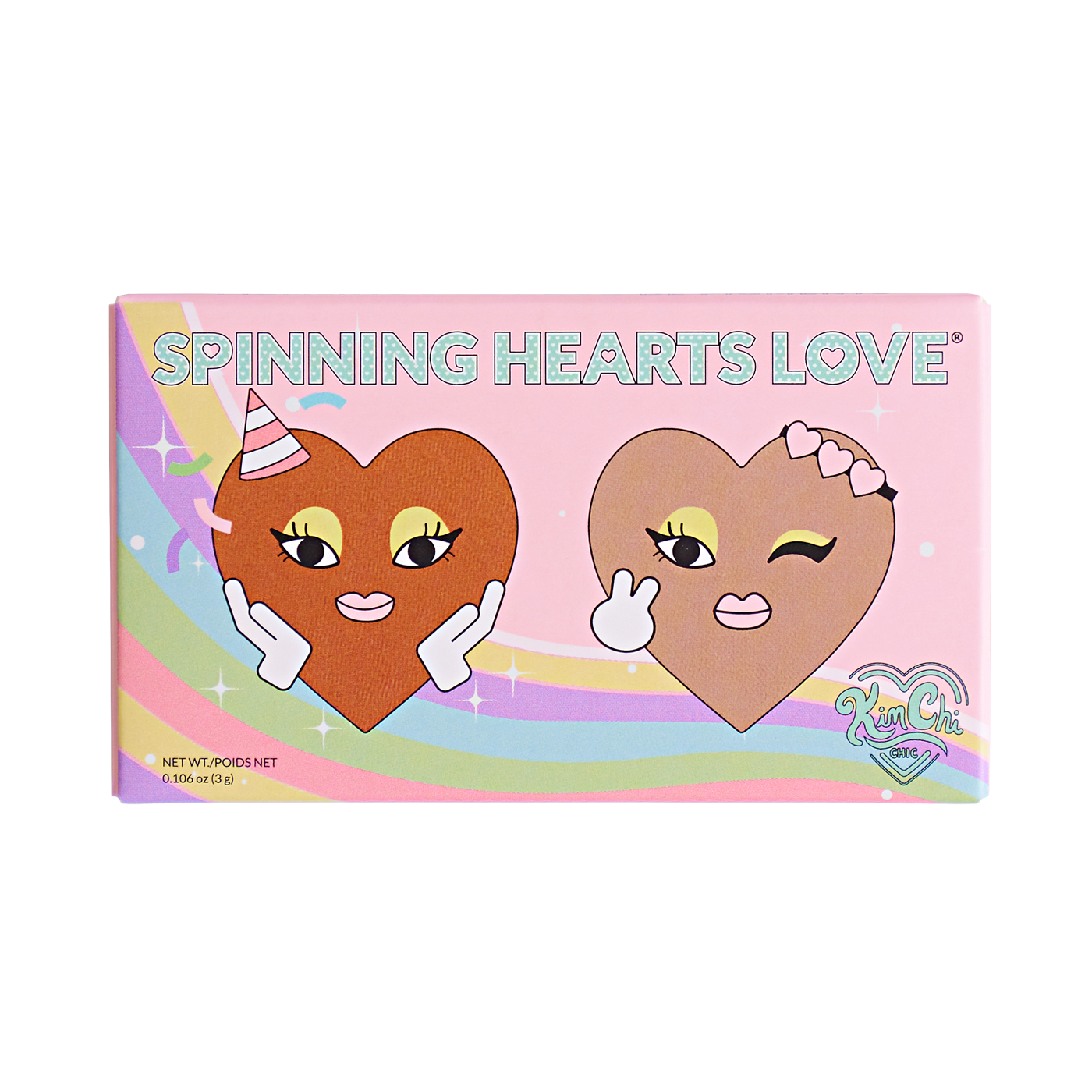 Colorful packaging with cartoon hearts and the text 'Spinning Hearts Love'