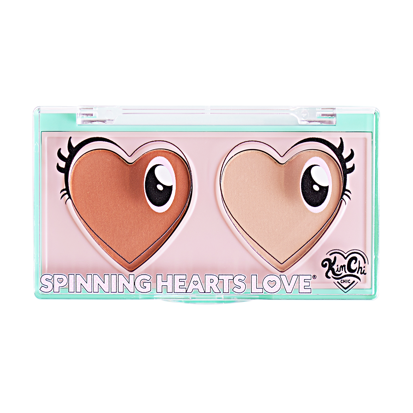 Heart-shaped makeup palette with cartoon eyes design.