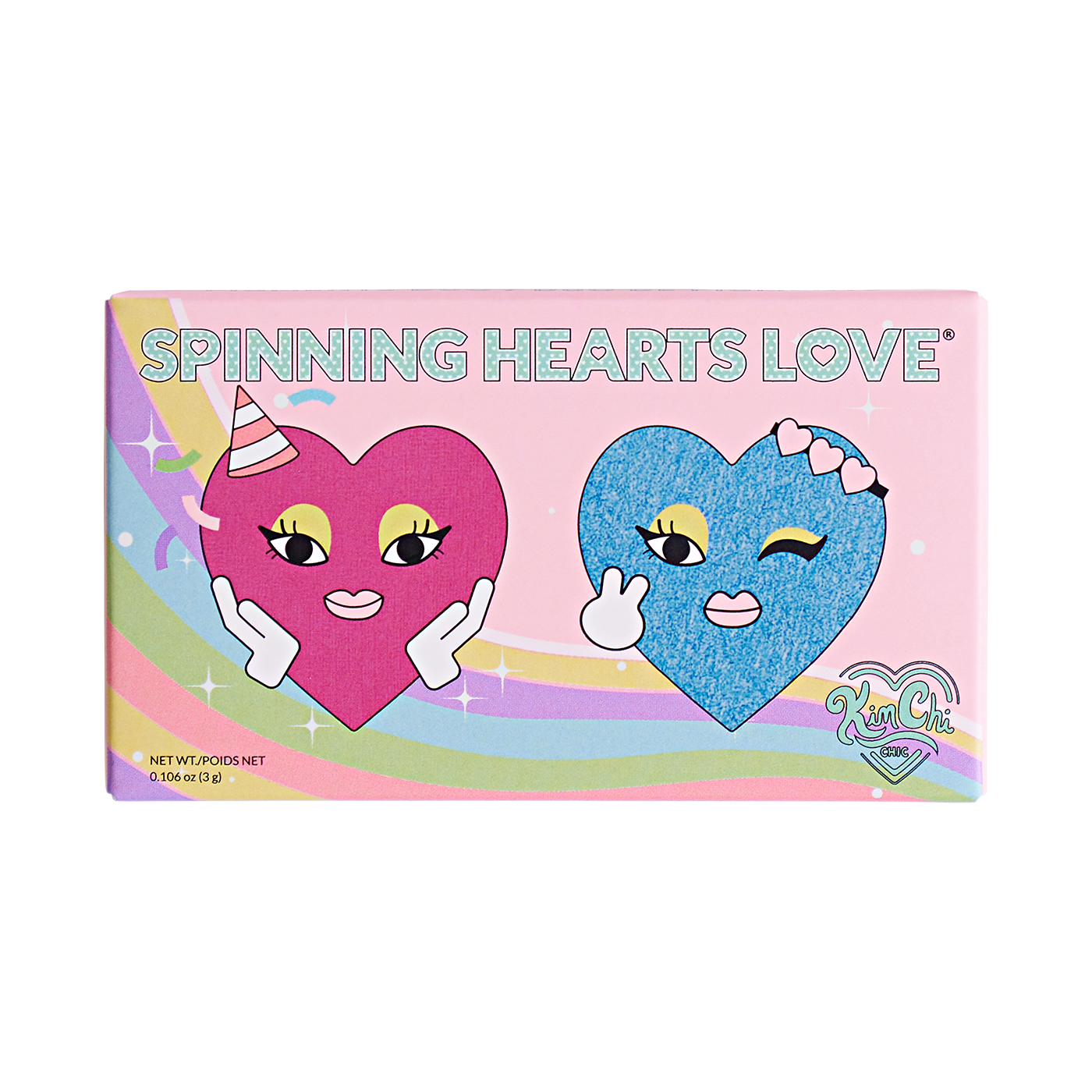 Colorful packaging with animated hearts and 'Spinning Hearts Love' text.