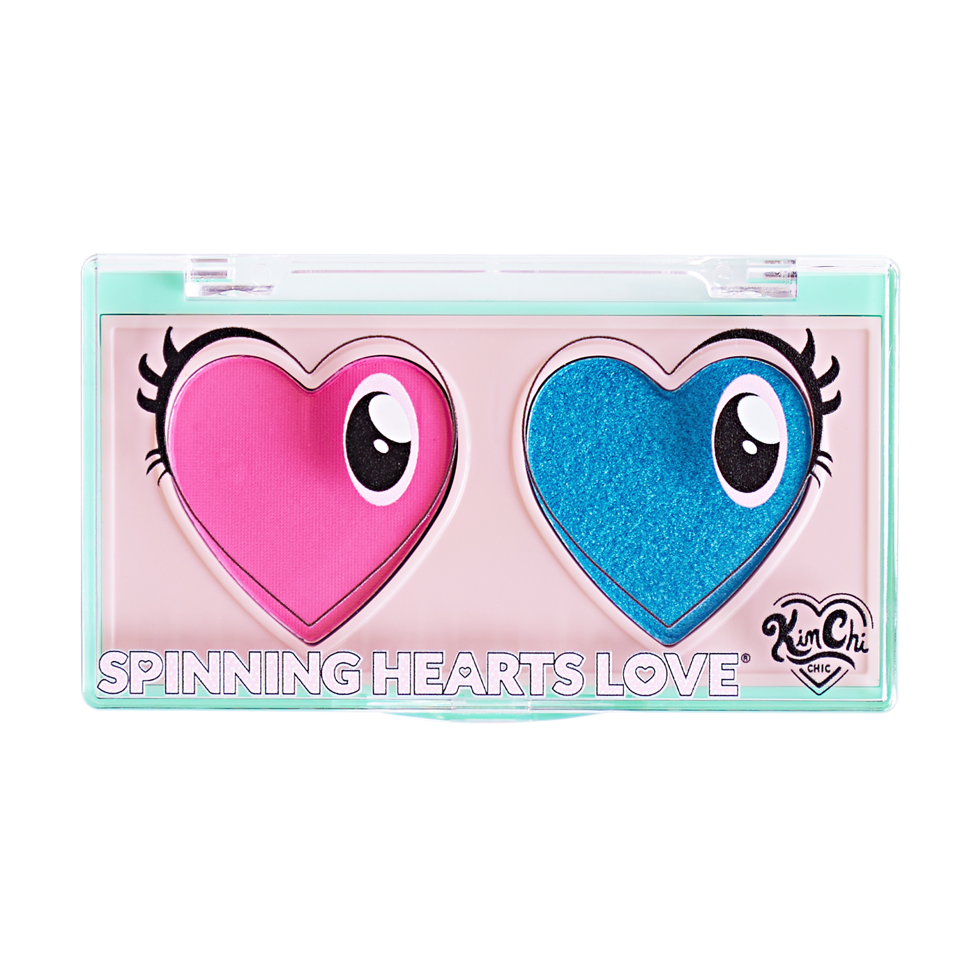 Makeup palette with heart-shaped pink and blue eyeshadow pans
