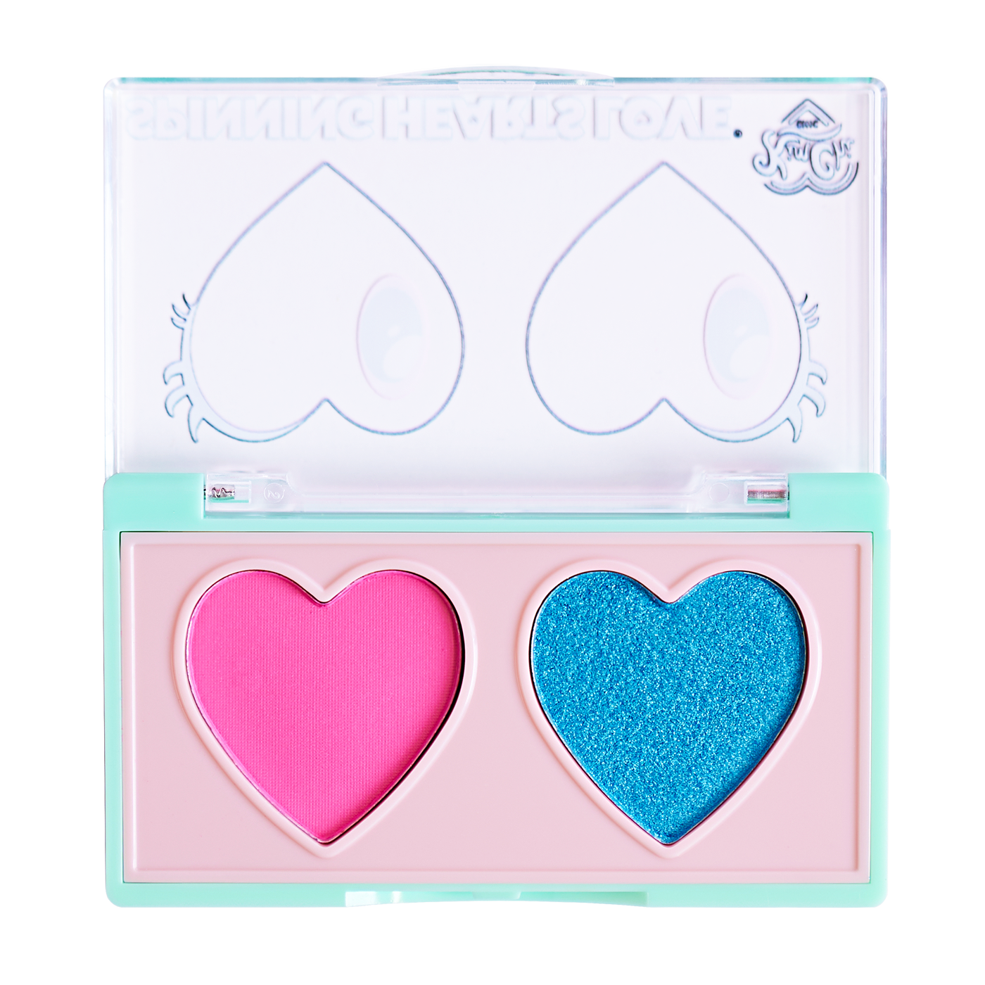 Heart-shaped pink and blue eyeshadow palette with clear lid