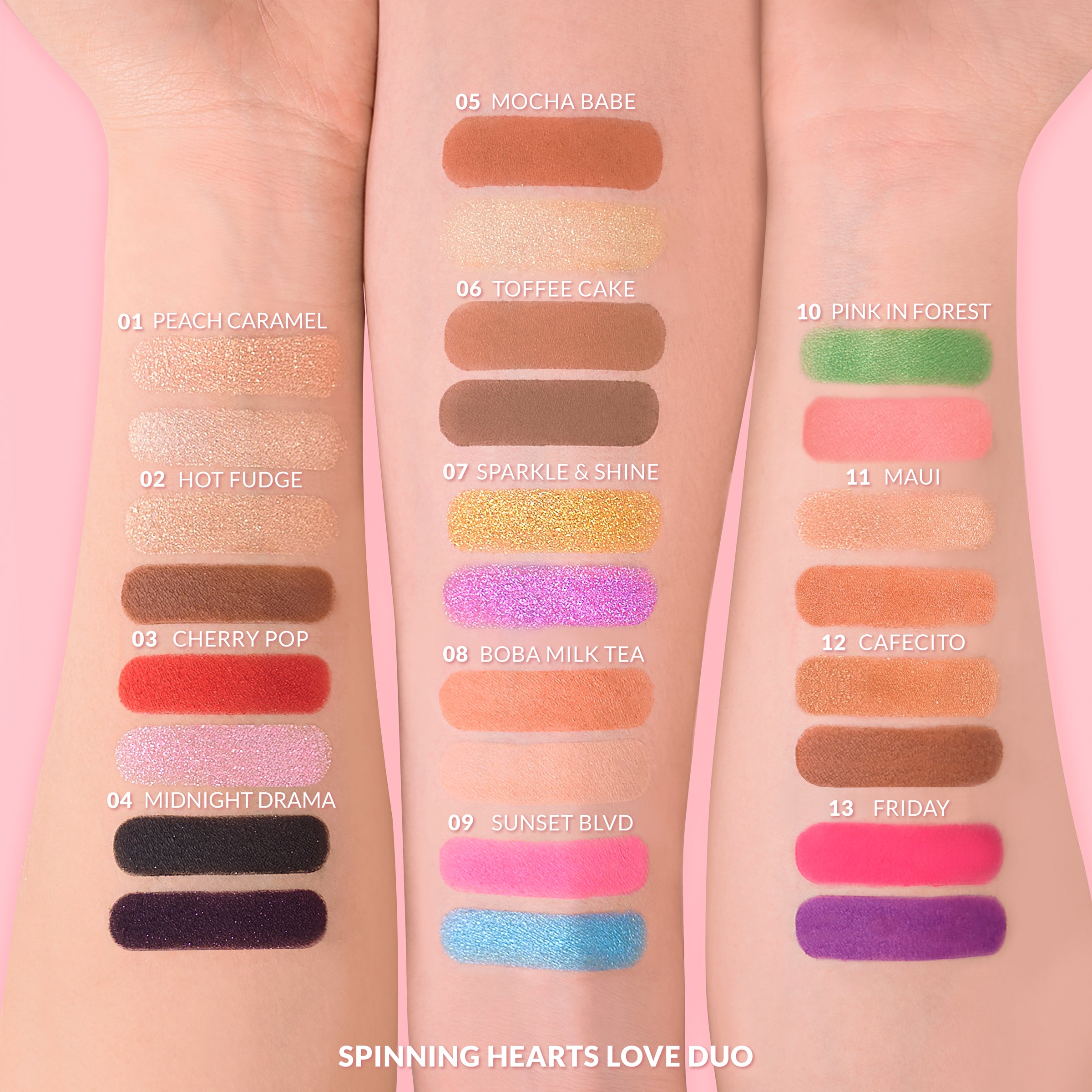 Swatches of eyeshadow palette labeled with different shade names on arms against a pink background.