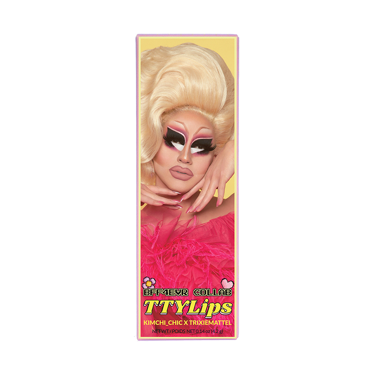 Makeup packaging with drag performer and bold text TTYLips