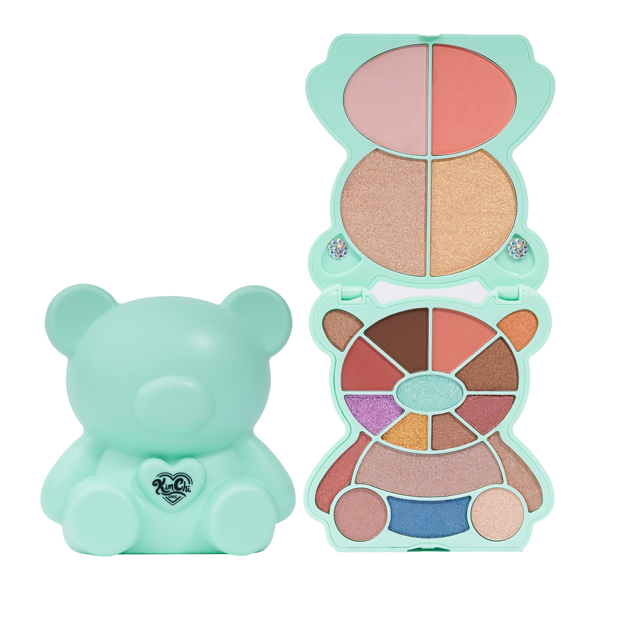 Mint green bear-shaped makeup palette with eyeshadows, blushes, and highlighters.