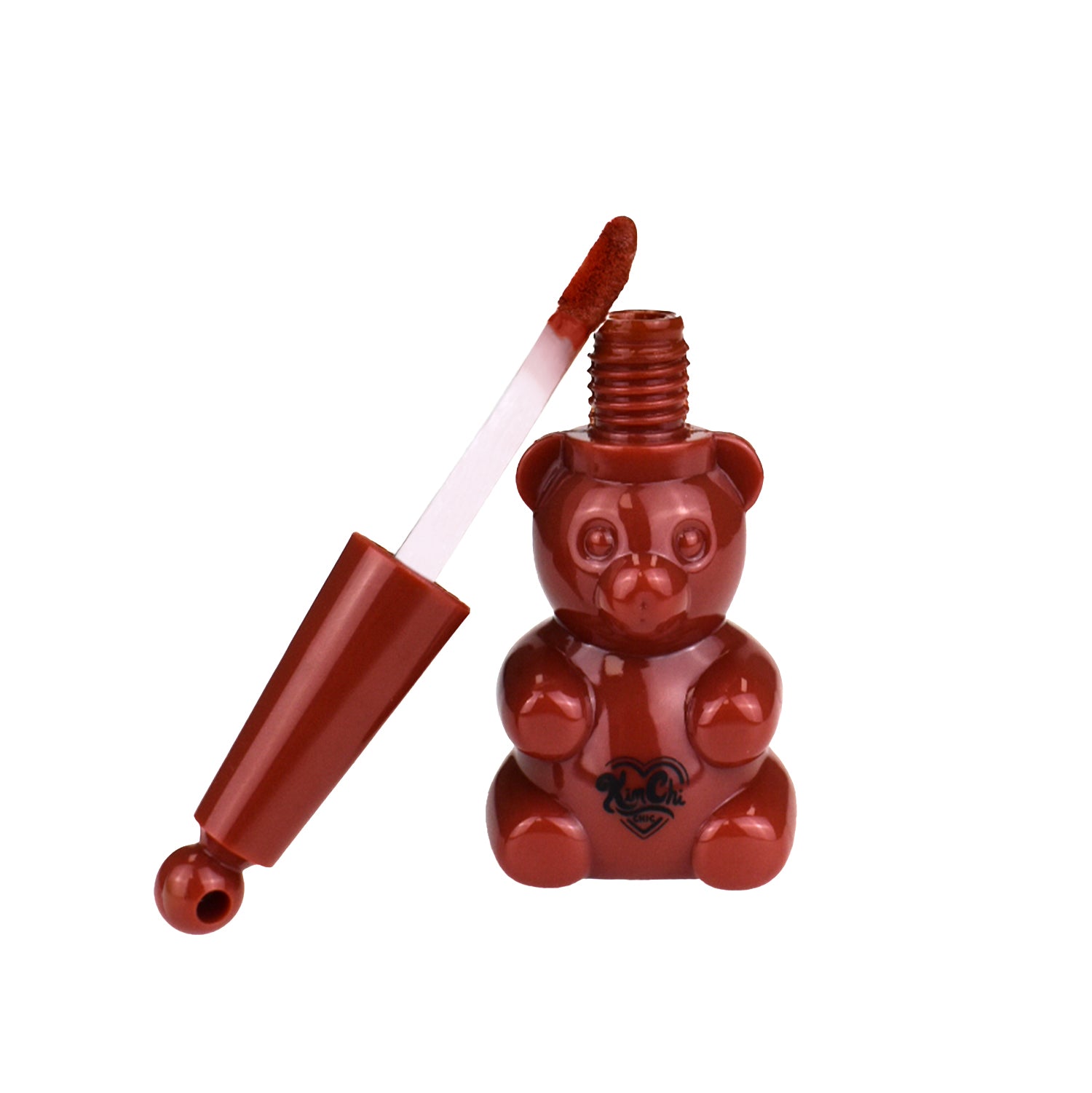 Lip gloss bottle shaped like a gummy bear with a wand applicator.