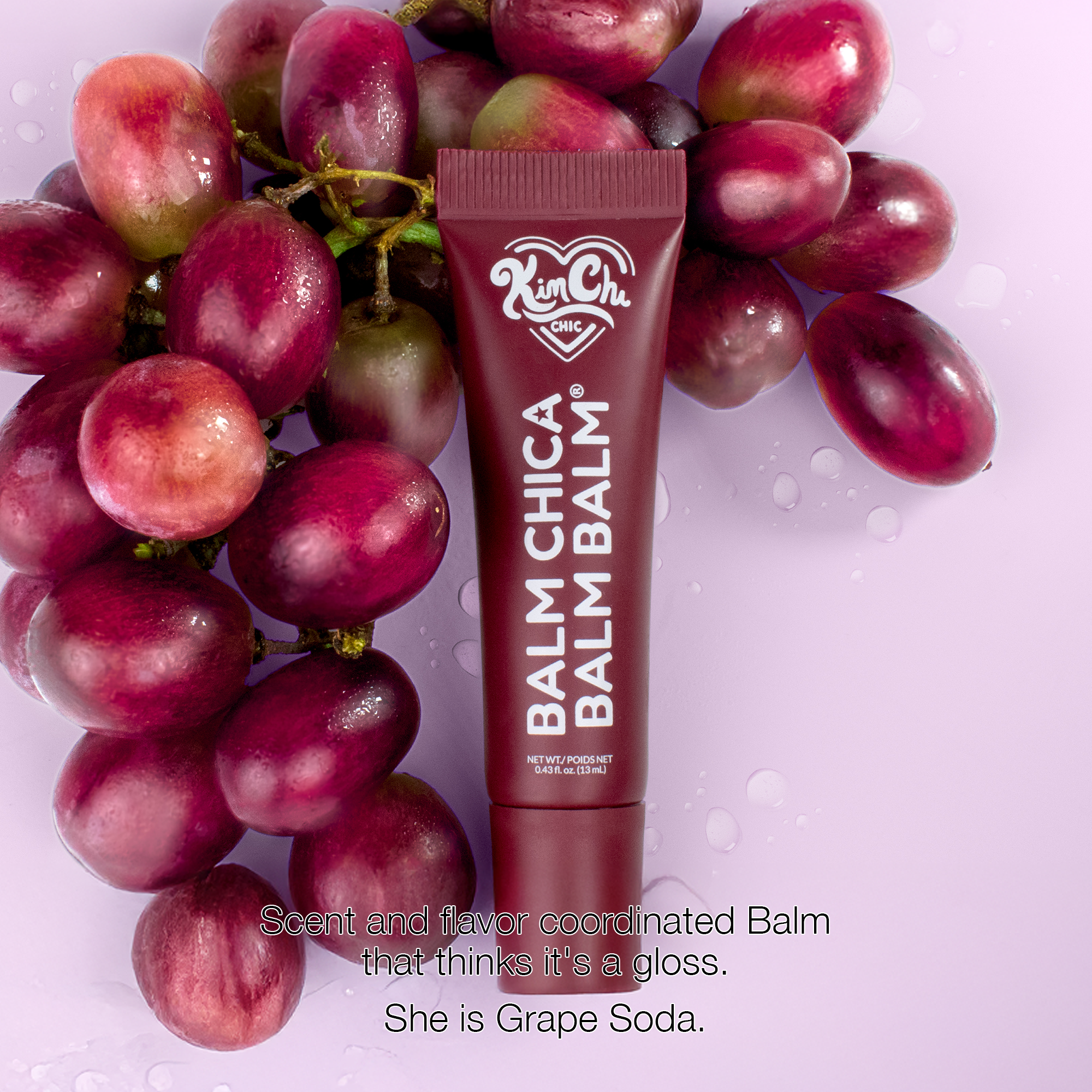 Kim Chi Chic Balm Chica Balm in Grape Soda flavor, lightweight and glossy formula with grape-inspired scent.