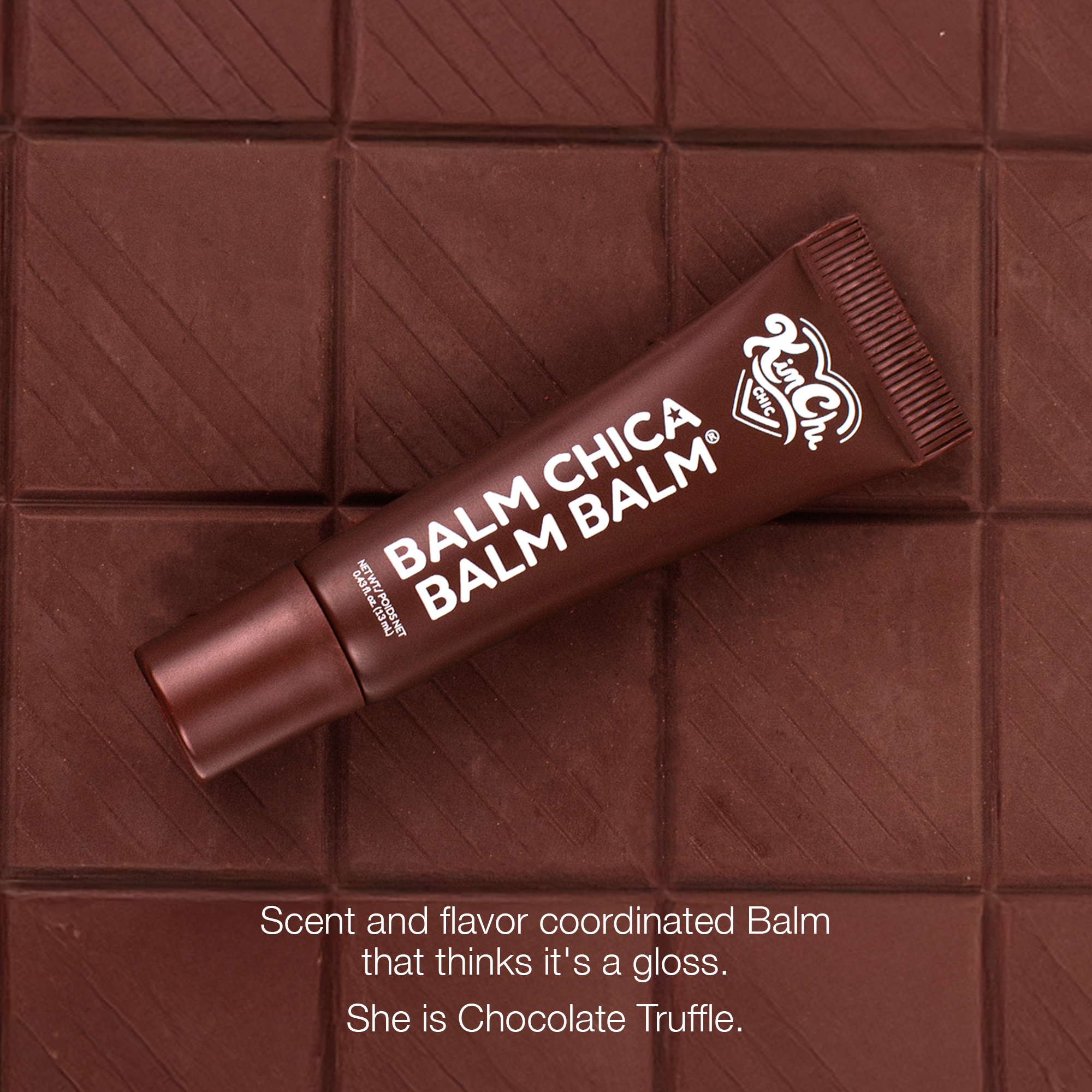 Chocolate Truffle lip balm in a brown tube, offers a glossy finish and rich scent.