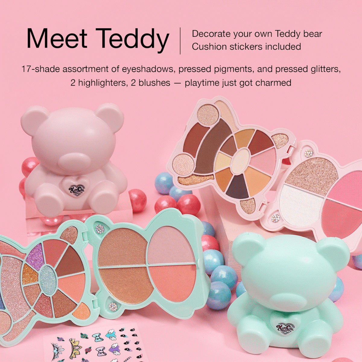 Colorful Teddy bear makeup palette with 17 eyeshadows, 2 blushes, and cushion stickers included.