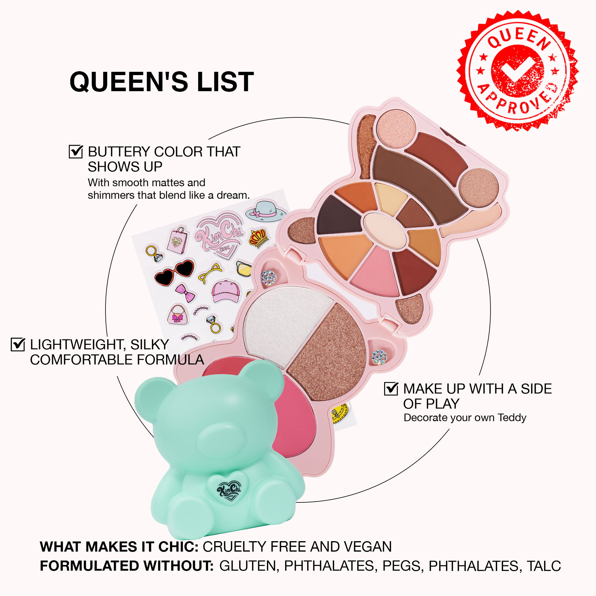 Queen's List makeup palette with colorful eyeshadows and cute teddy bear design, cruelty-free and vegan.