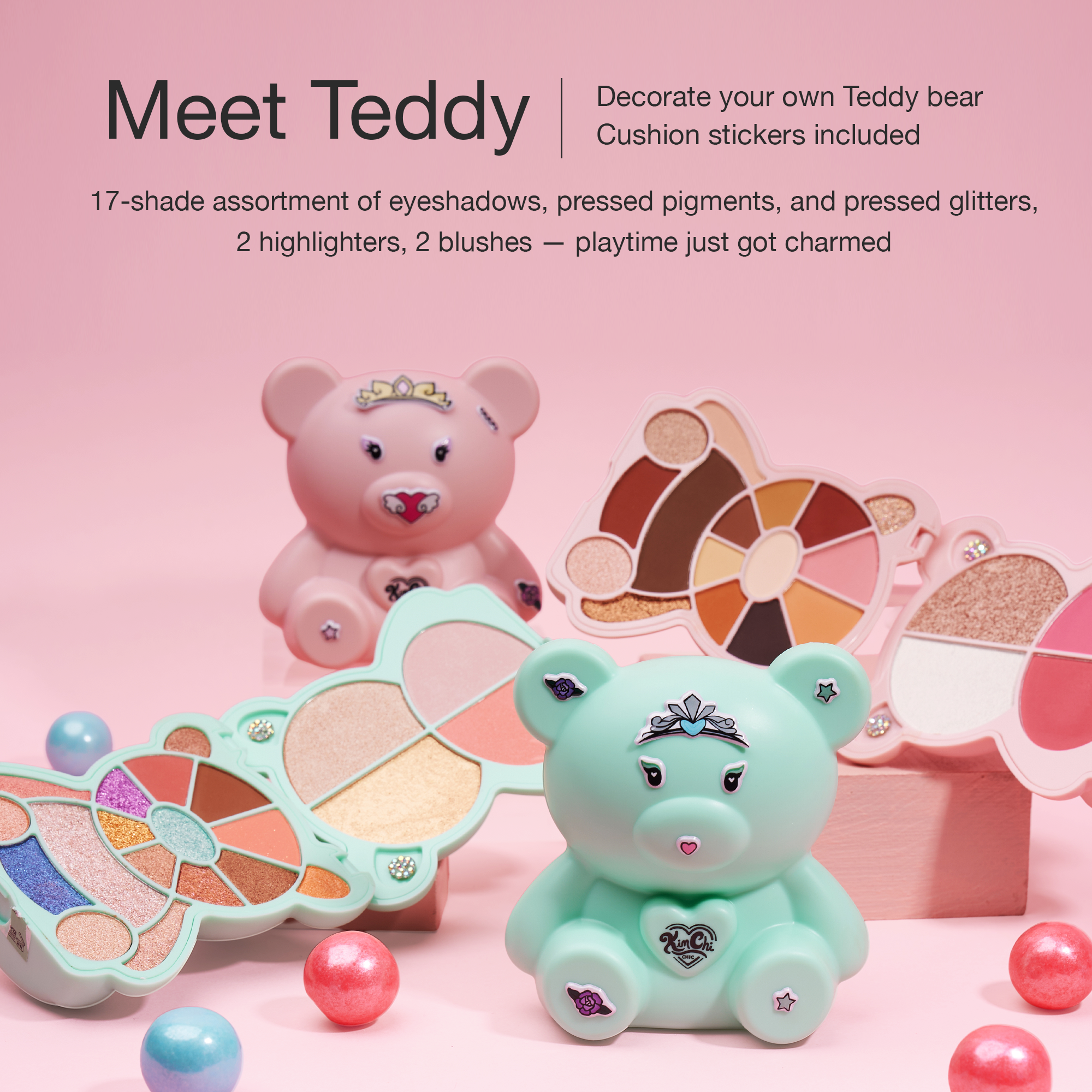 Colorful Teddy bear makeup palette with 17 eyeshadows, 2 highlighters, and 2 blushes in playful packaging.