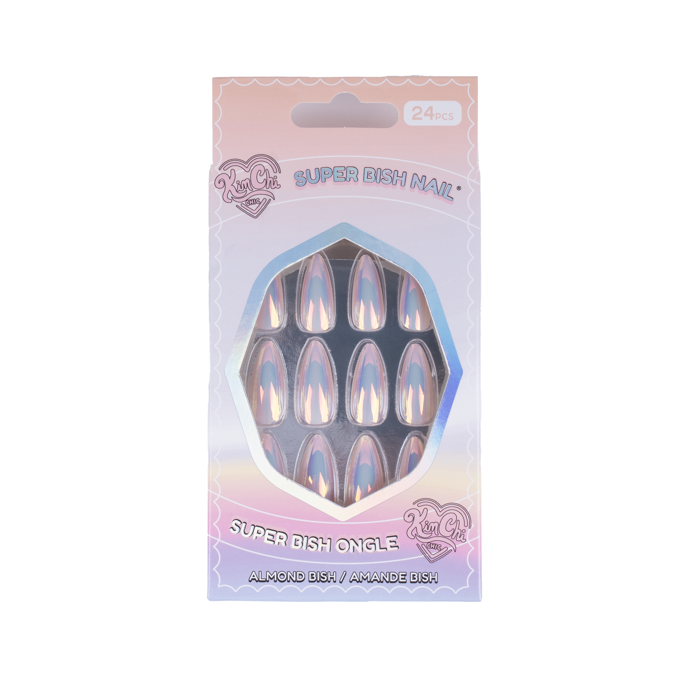 Box of 24 metallic false nails with rainbow sheen