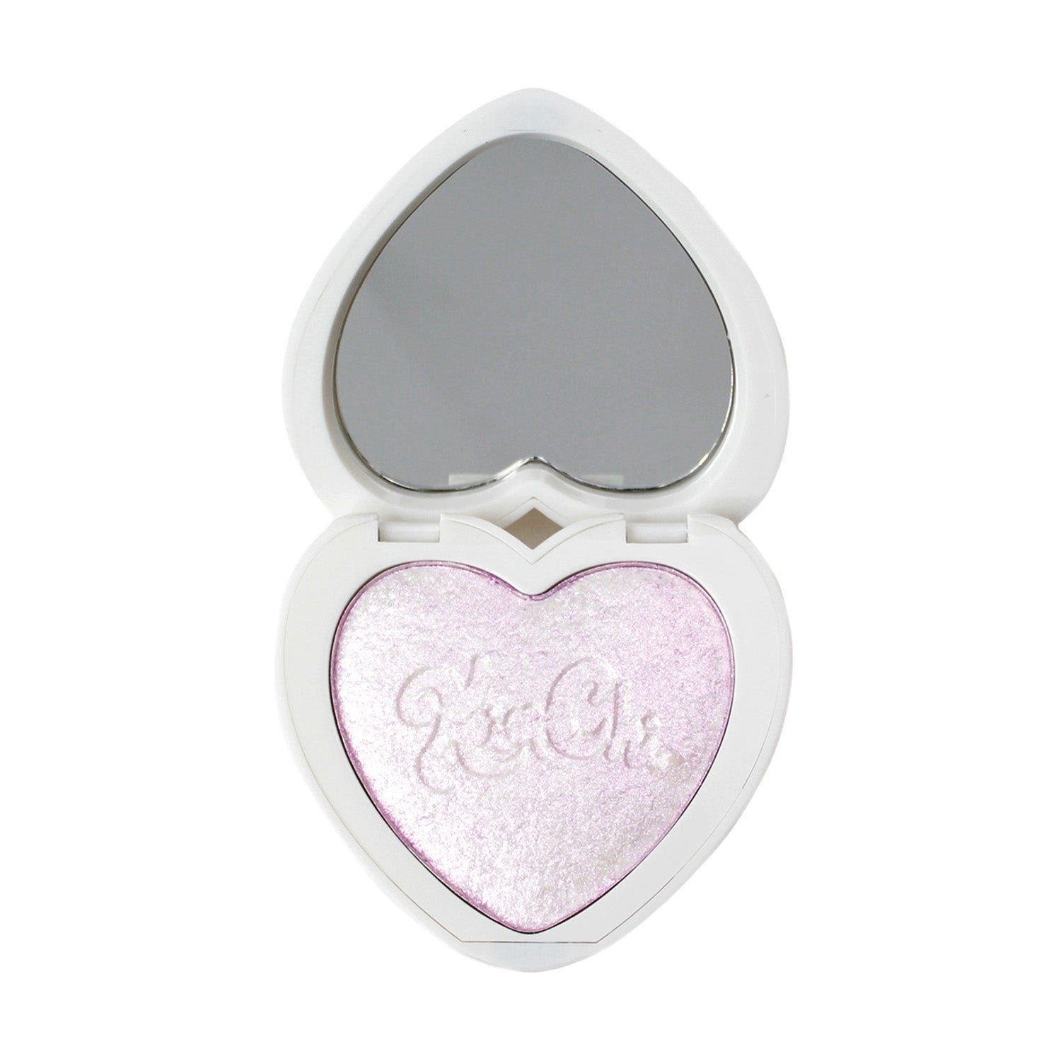 Heart-shaped compact with mirror and pastel pink highlighter.