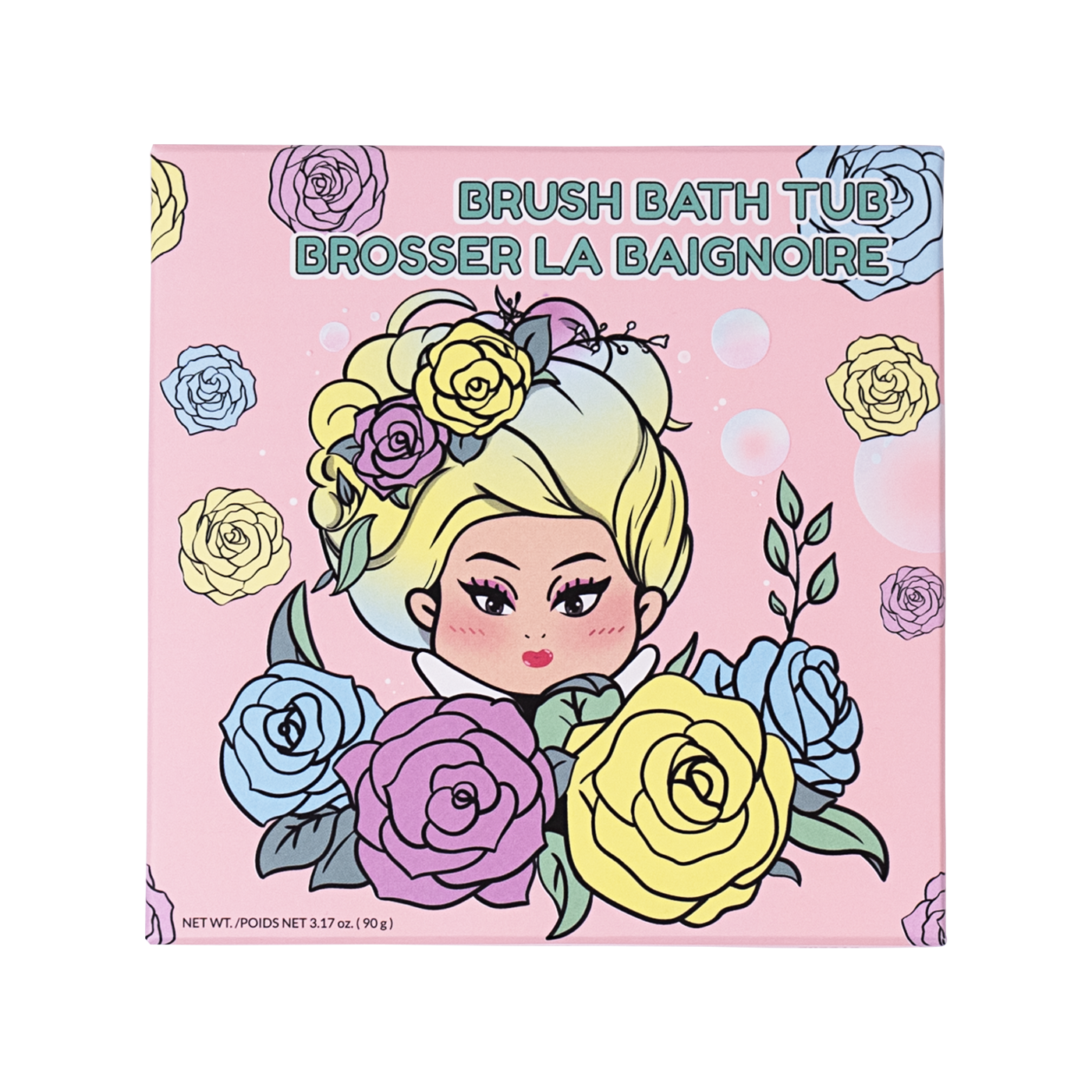 Illustrated packaging with a cartoon woman surrounded by colorful flowers and text 'Brush Bath Tub' and 'Brosser La Baignoire' on a pink background.