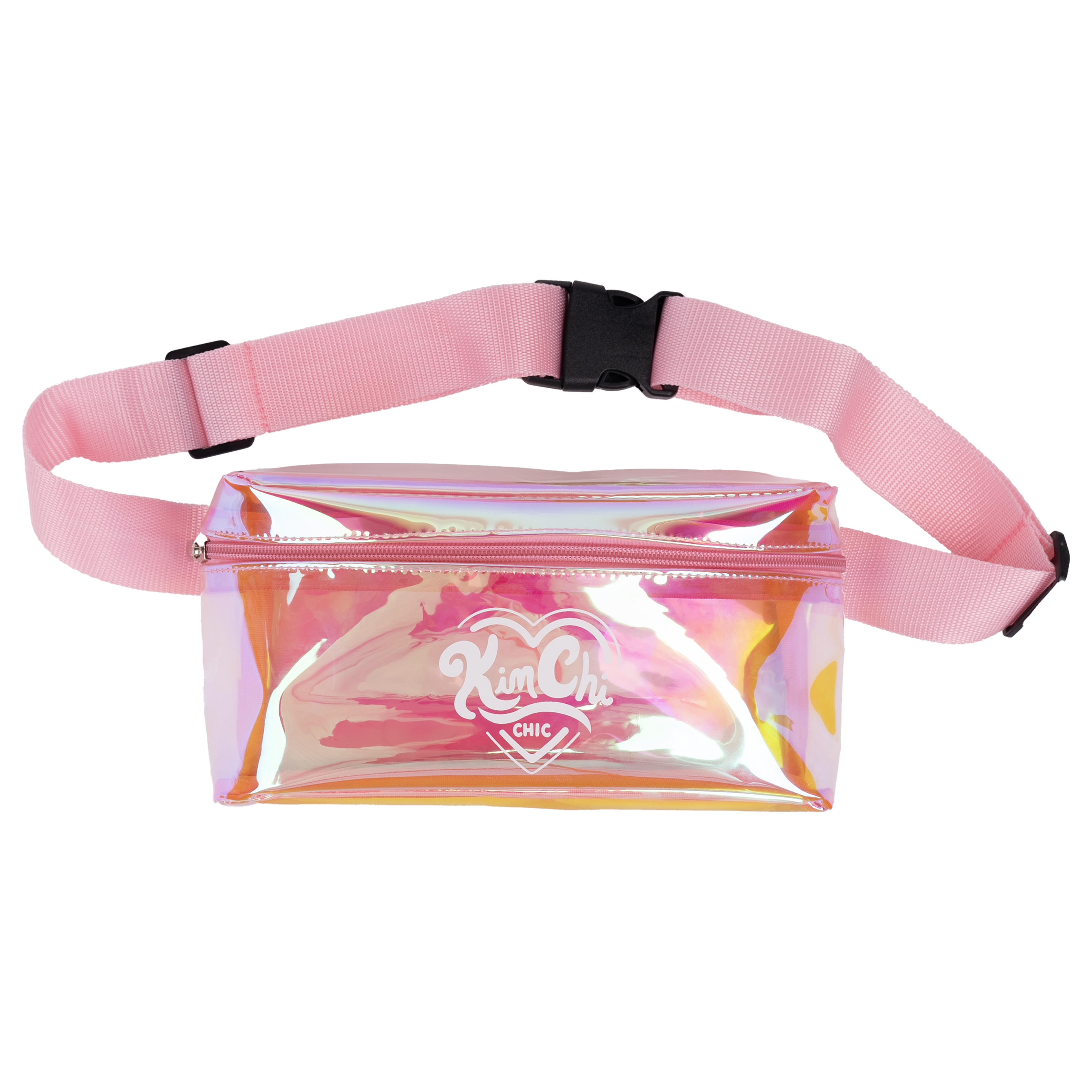 Holographic pink belt bag with adjustable strap and front logo.