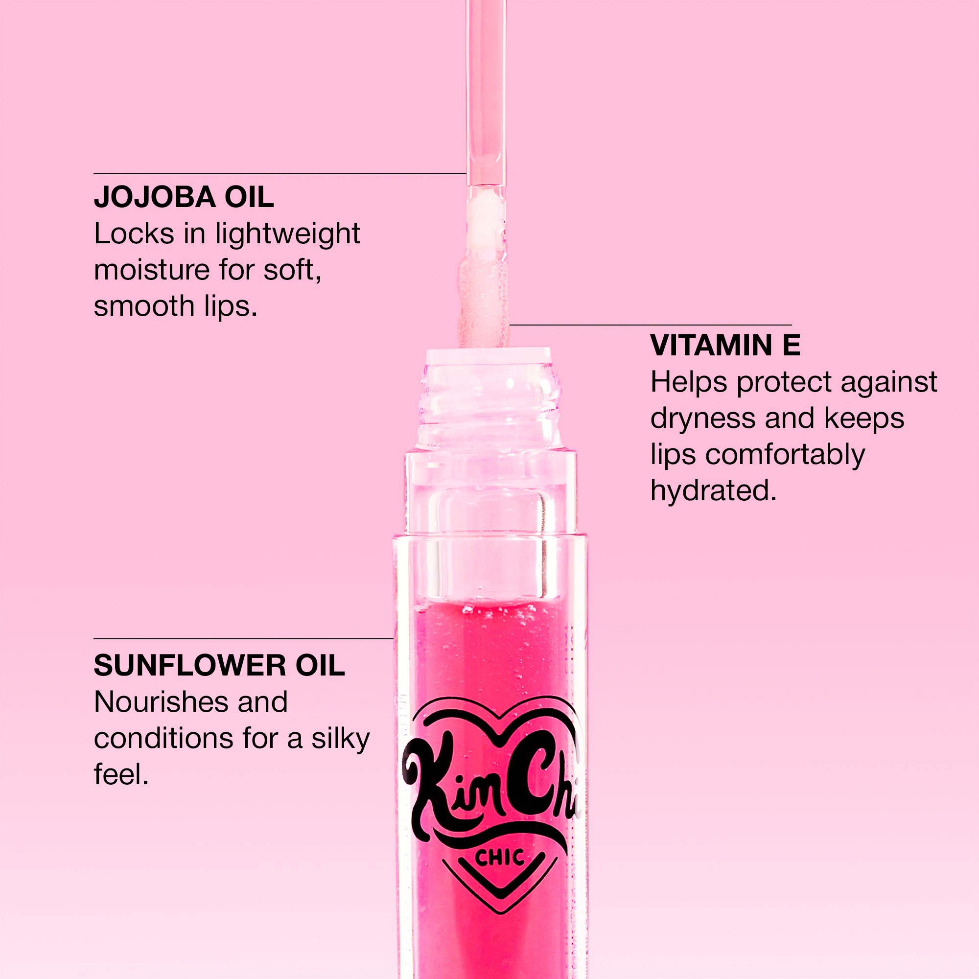 Glossy lip oil with jojoba, vitamin E, and sunflower oil for hydration and silky smooth lips.