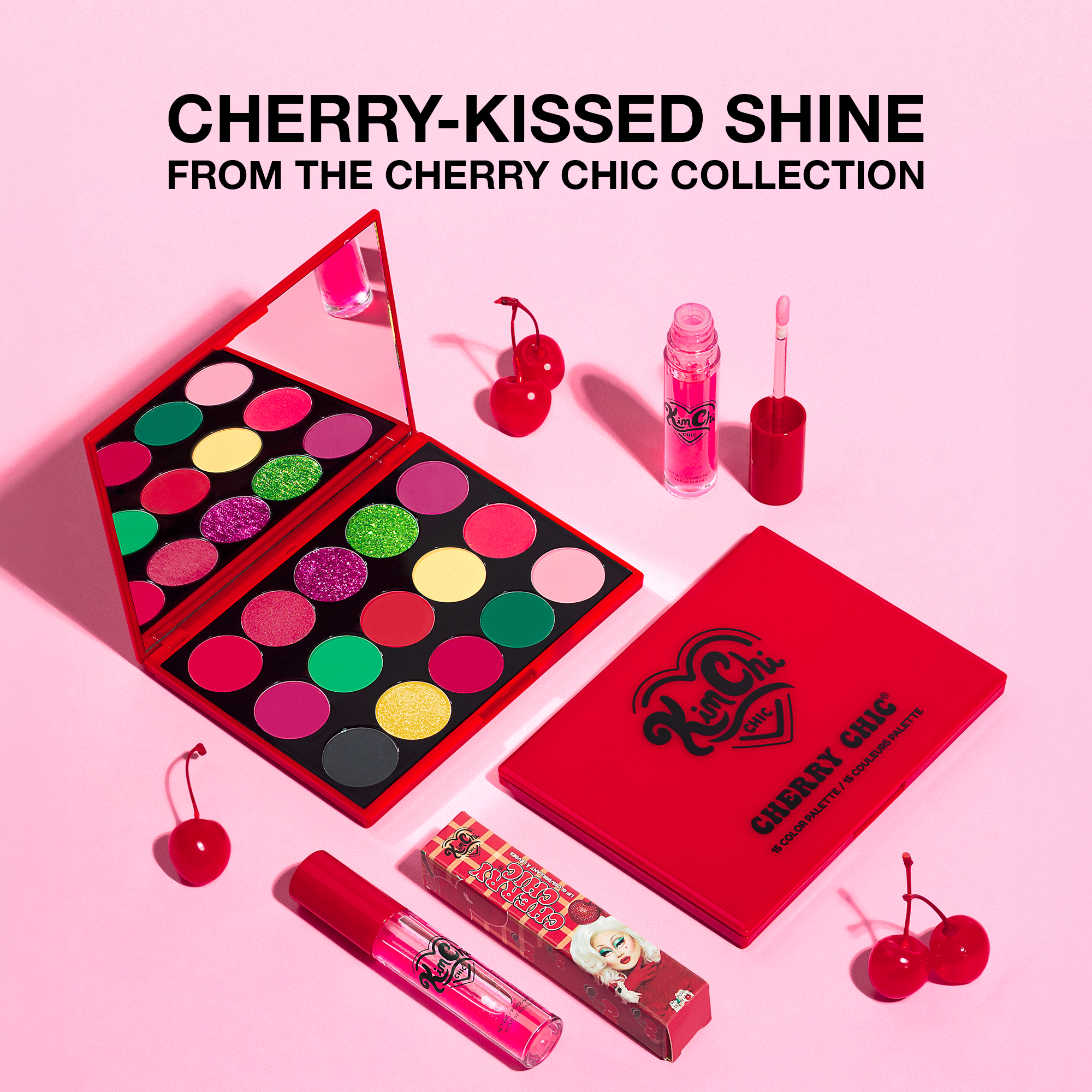 Cherry Chic makeup collection featuring vibrant eyeshadow palette, lip gloss, and cherry-themed packaging.
