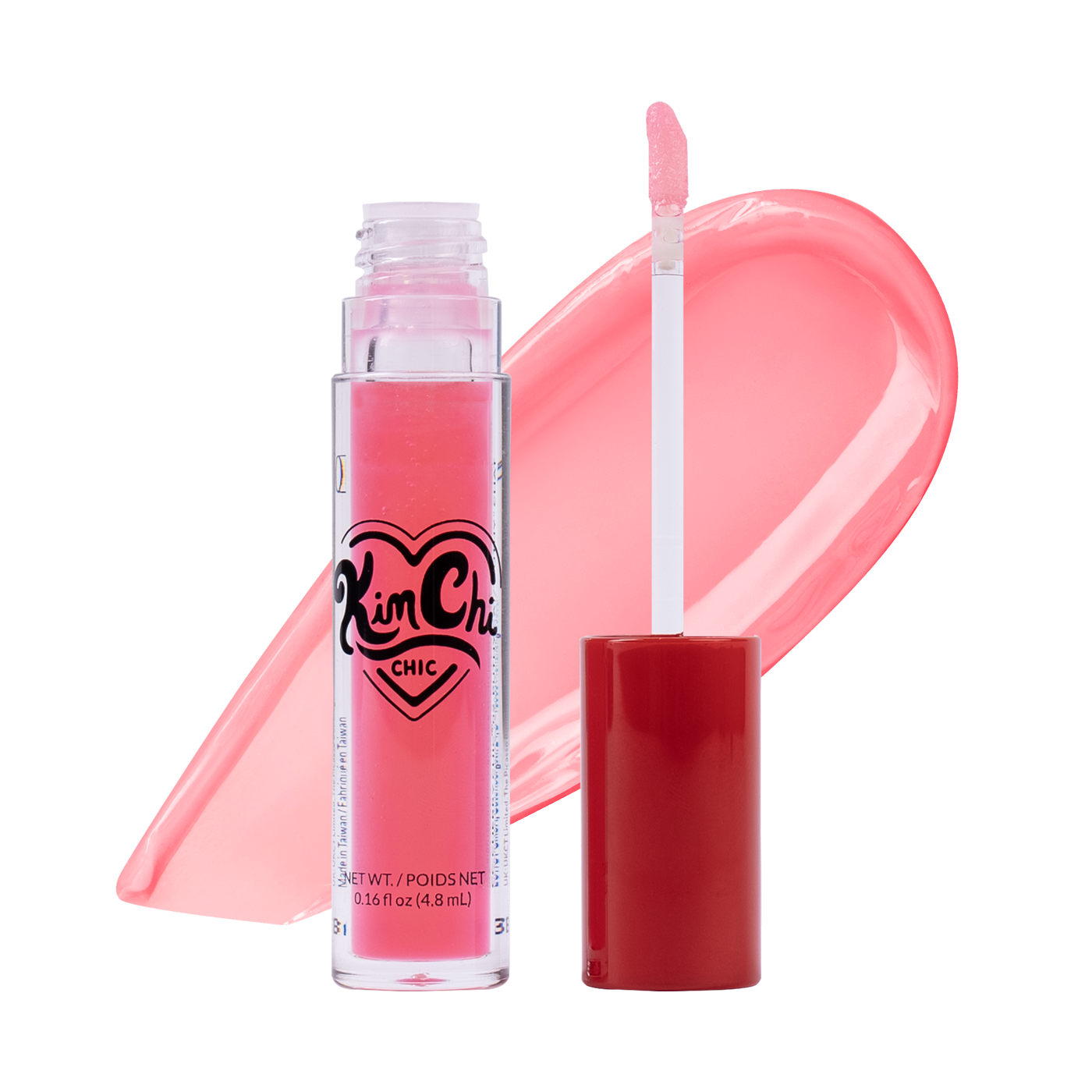 Pink lip gloss with applicator and smear, labeled 'Kim Chi Chic'