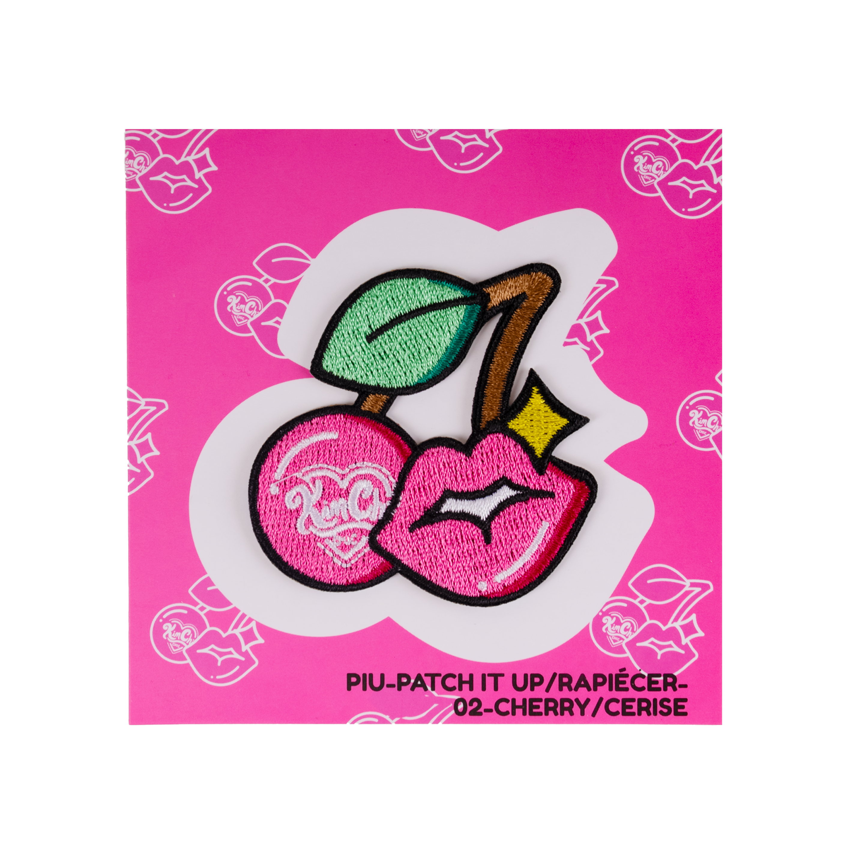 Pink patch featuring cherries and lips design on a bright pink background.