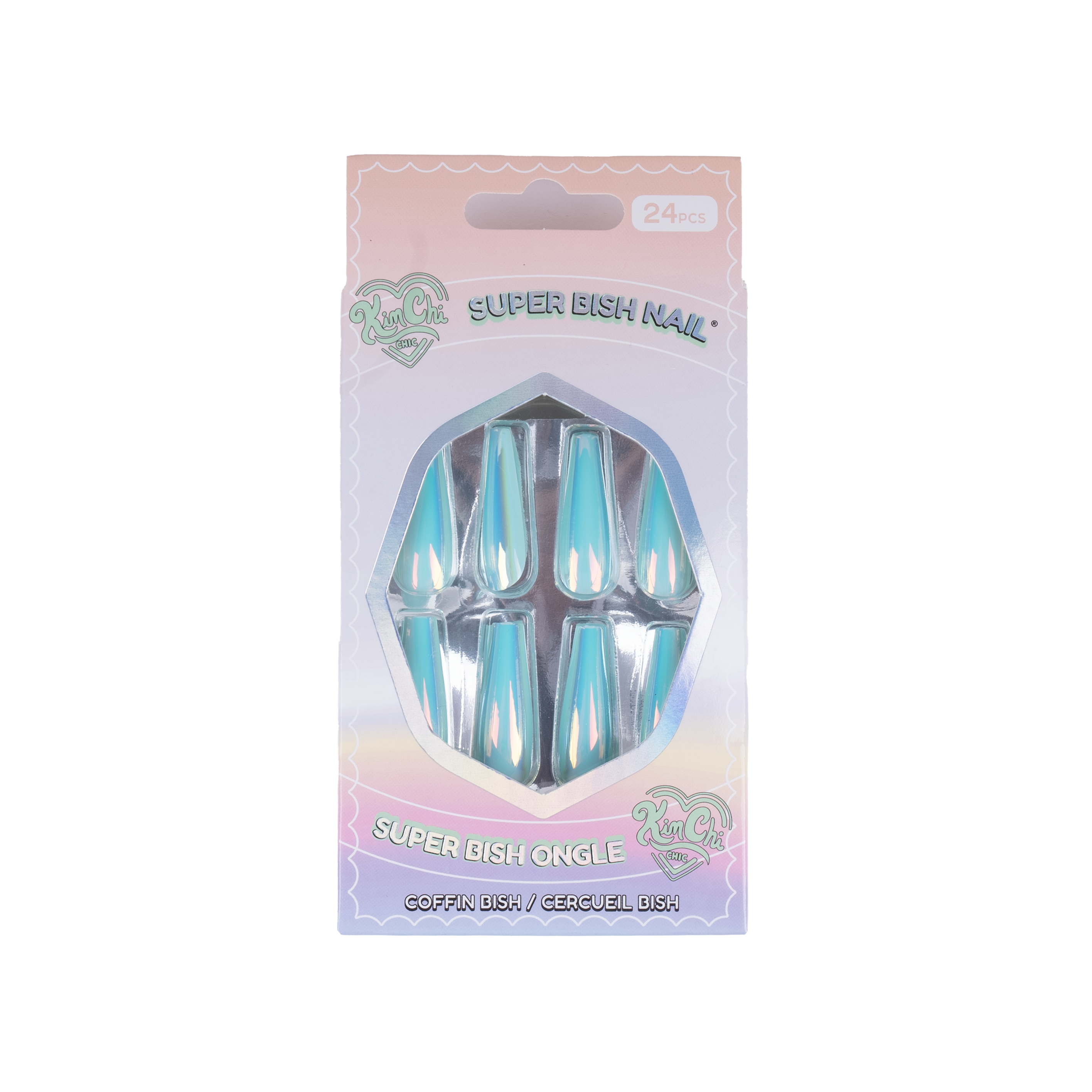 Package of Super Bish Nail press-on nails with pointed teal designs