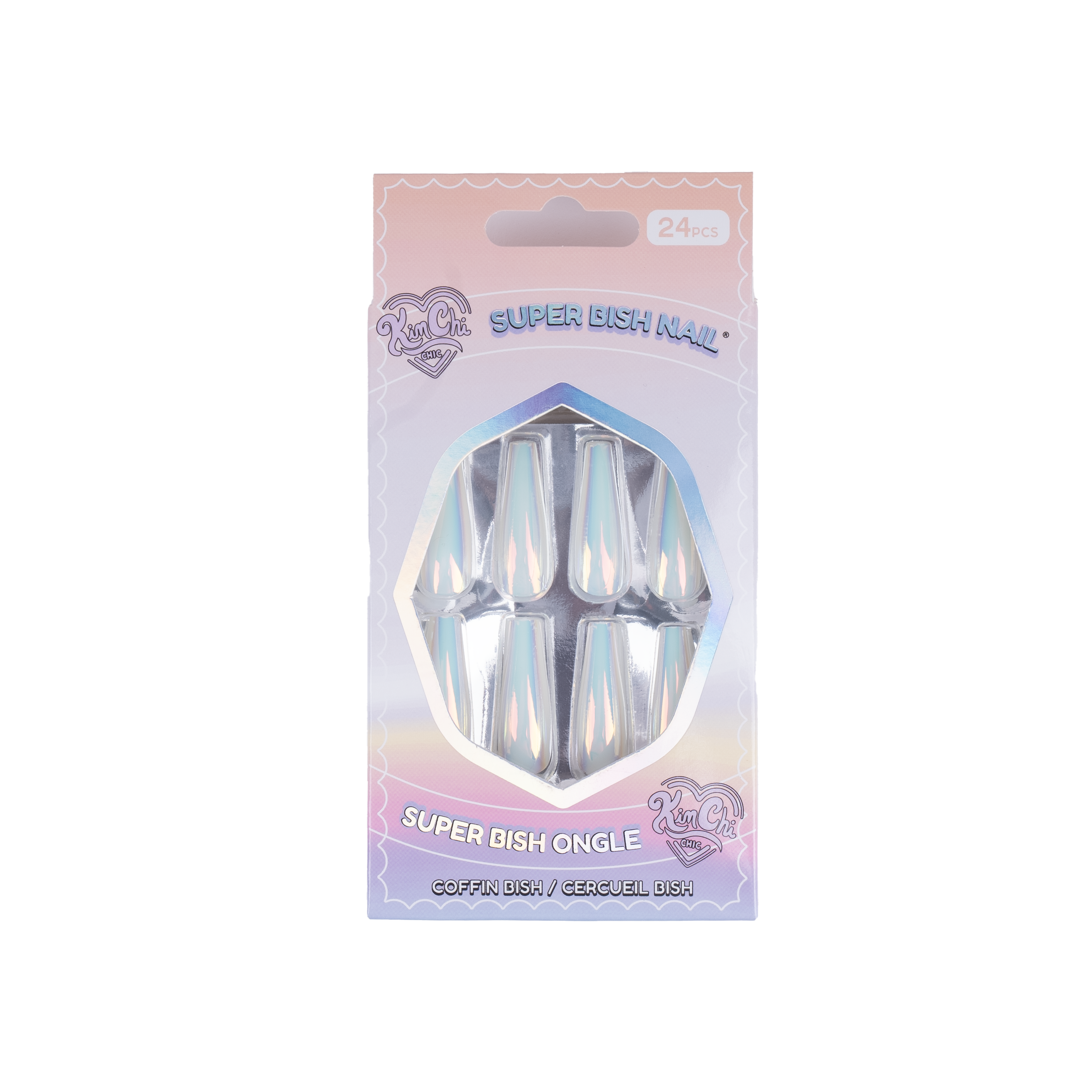 Pack of iridescent artificial nails labeled 'Super Dish Ongle' with a pastel holographic design.