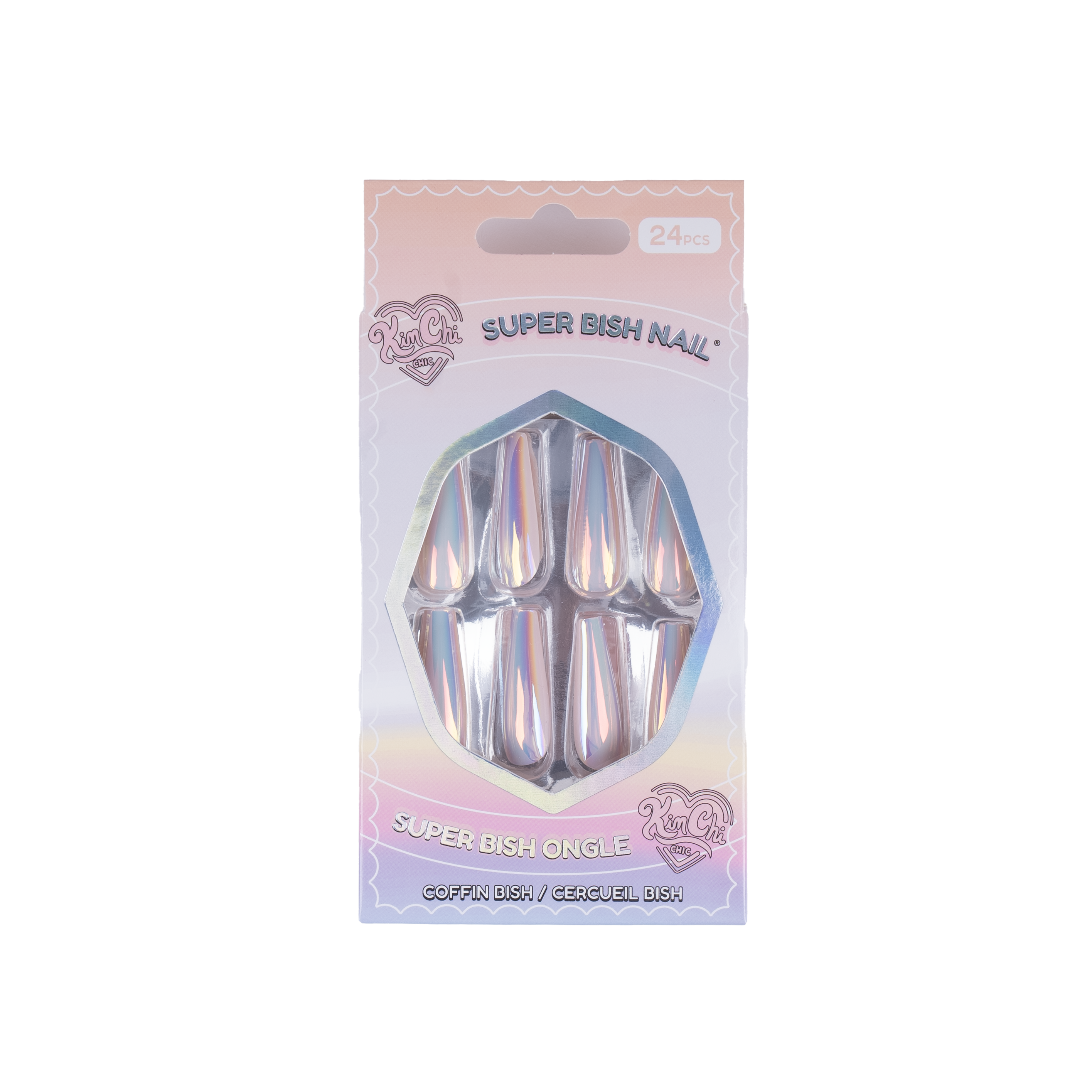 Package of holographic false nails labeled 'Super Bish Nail' with pink and purple design