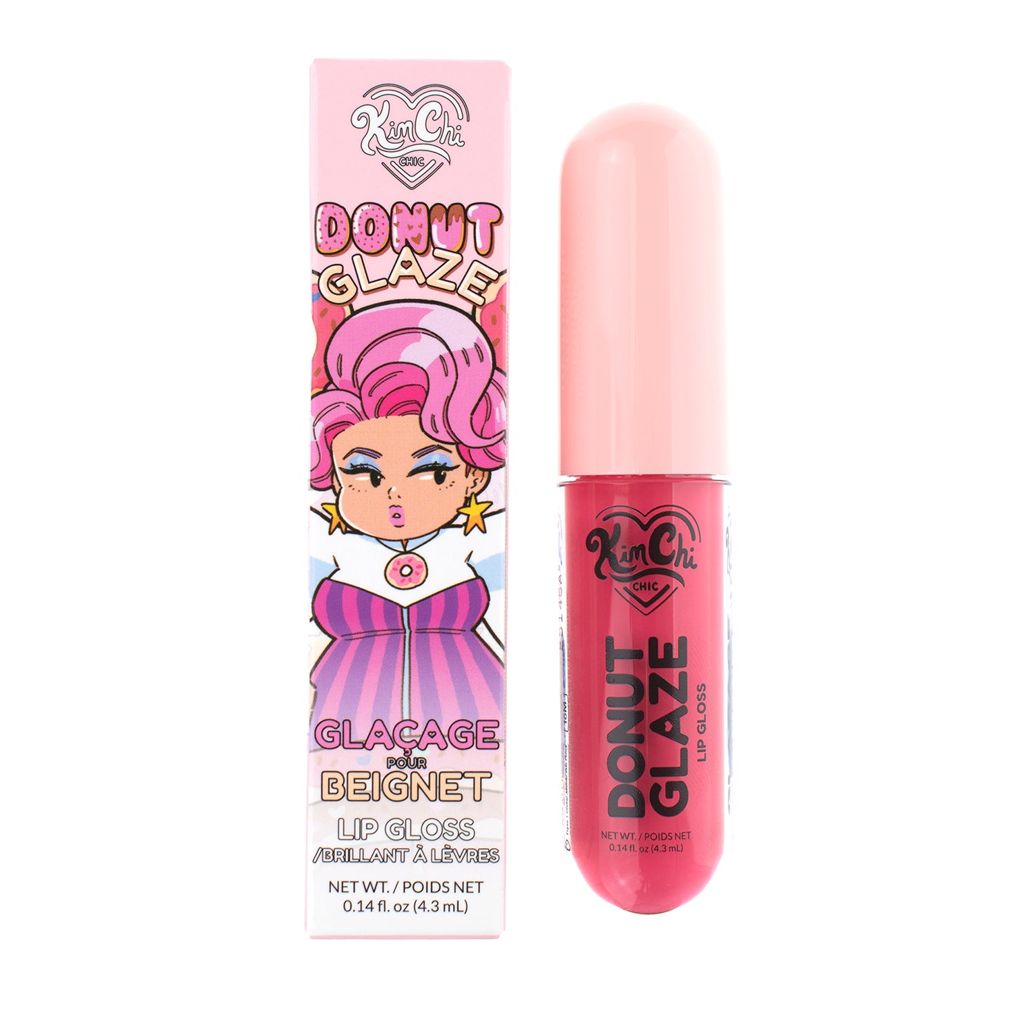 A pink lip gloss named Donut Glaze in a stylized package featuring a character with pink hair.