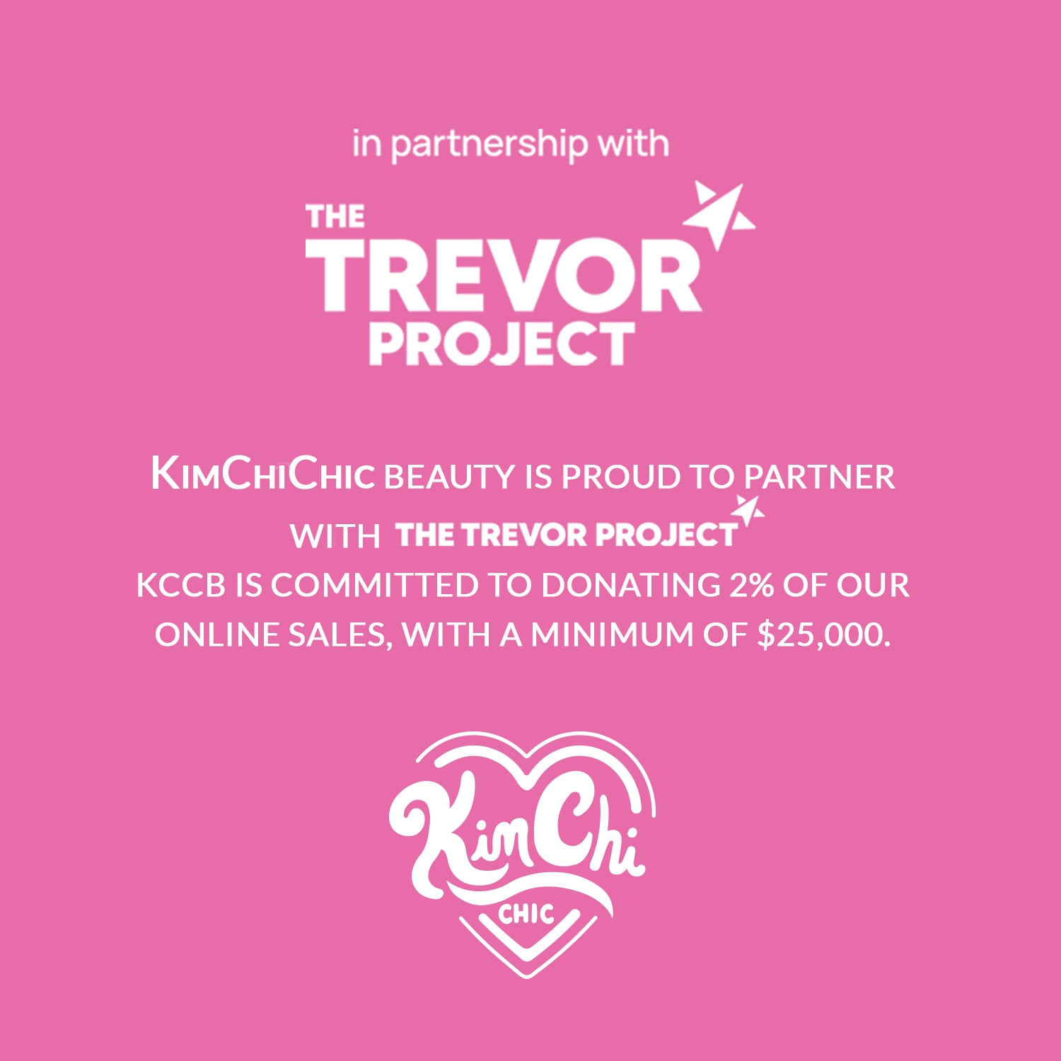 Announcement of partnership between KimChiChic Beauty and The Trevor Project, highlighting a commitment to donate to support the organization.