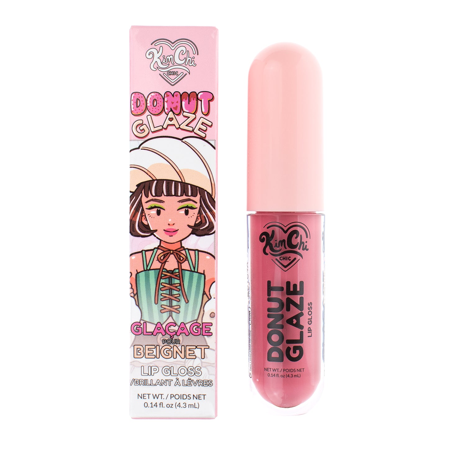 Donut Glaze lip gloss in pink packaging with cartoon character illustration
