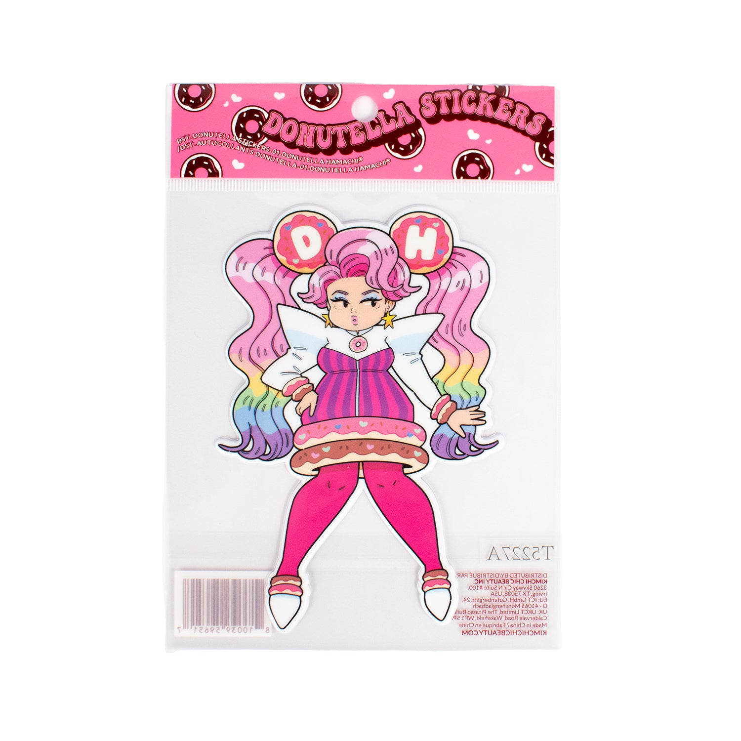 Colorful cartoon character with pink hair and a donut-themed outfit, packaged as a sticker.