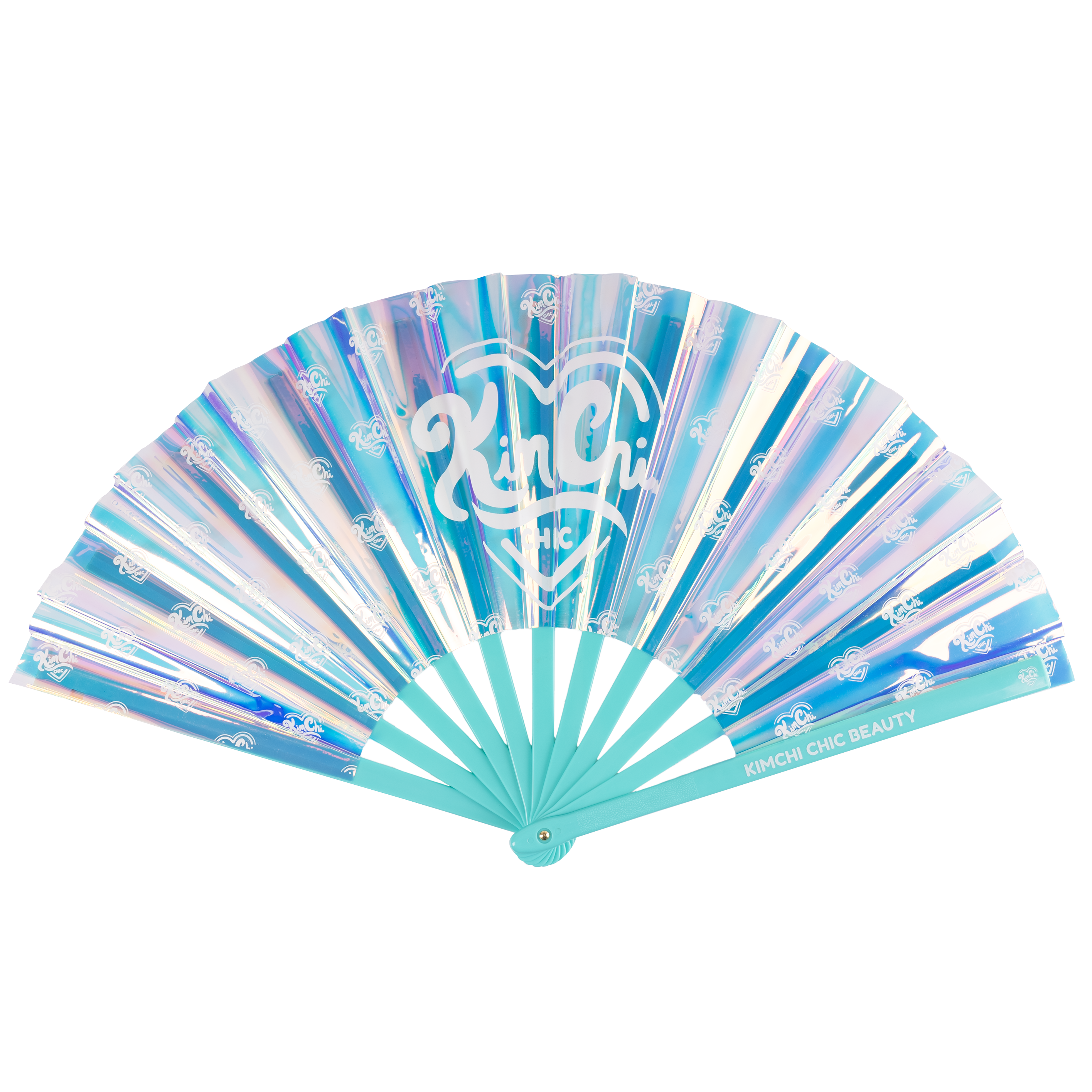 Colorful hand fan with 'Kim Chi' logo