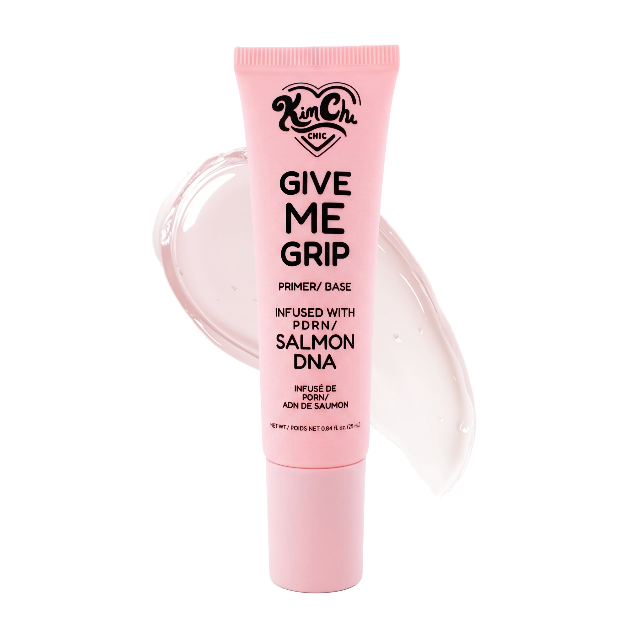 Kim Chi Chic Give Me Grip Primer in pink tube, infused with PDRN/Salmon DNA, 0.84 fl oz.